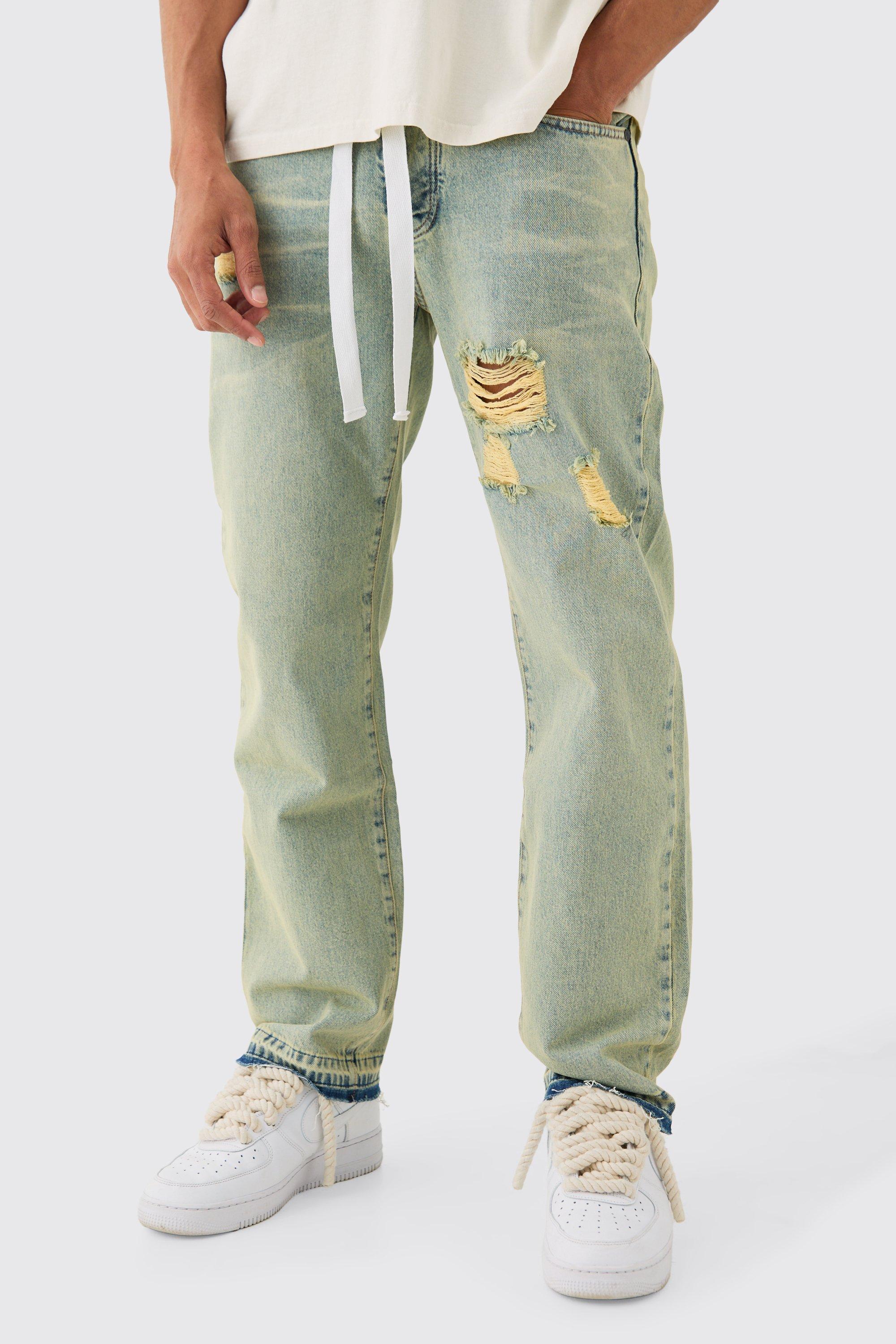 Image of Relaxed Rigid Ripped Let Down Hem Jeans With Extended Drawcords In Green Wash, Verde