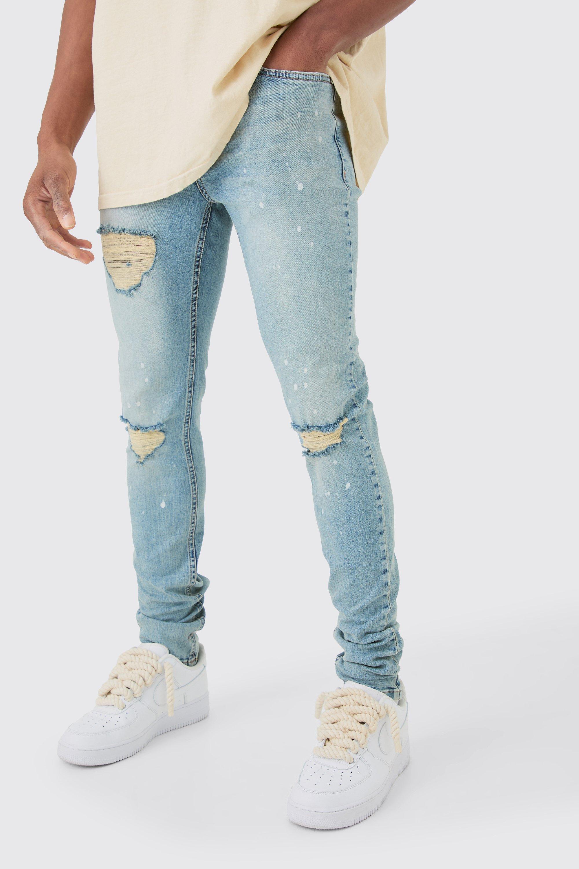 Mens Skinny Stretch Stacked Ripped Paint Splatter Jeans In Ice Blue, Blue