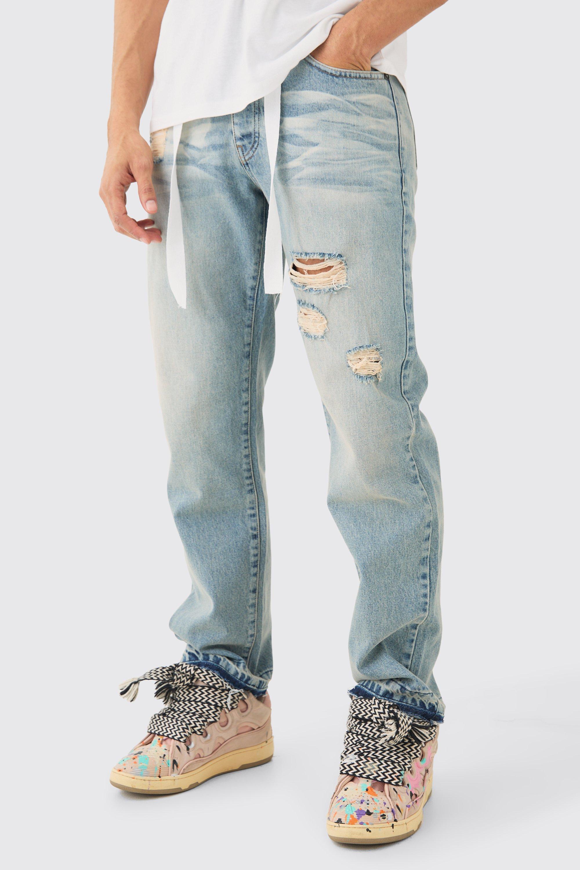 Image of Relaxed Rigid Ripped Let Down Hem Jeans With Extended Drawcords In Antique Blue, Azzurro