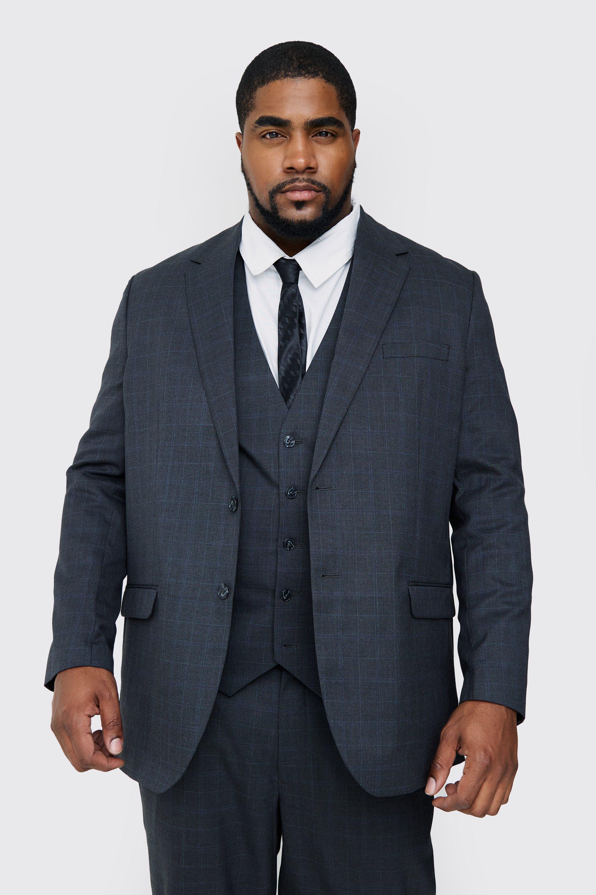 Mens Grey Plus Charcoal Check Single Breasted Regular Fit Suit Jacket, Grey