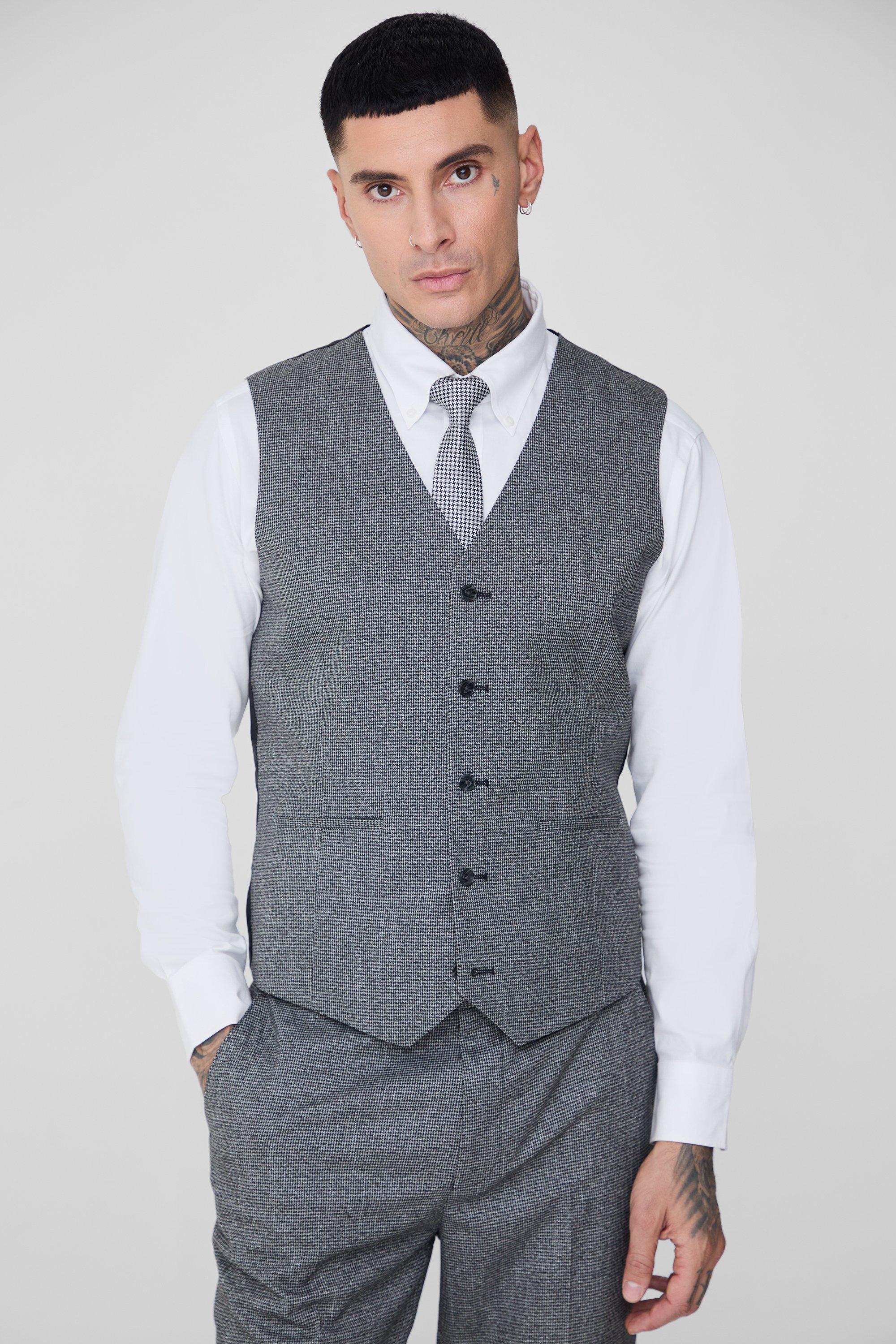 Mens Grey Tall Mini Dogtooth Waistcoat, Grey