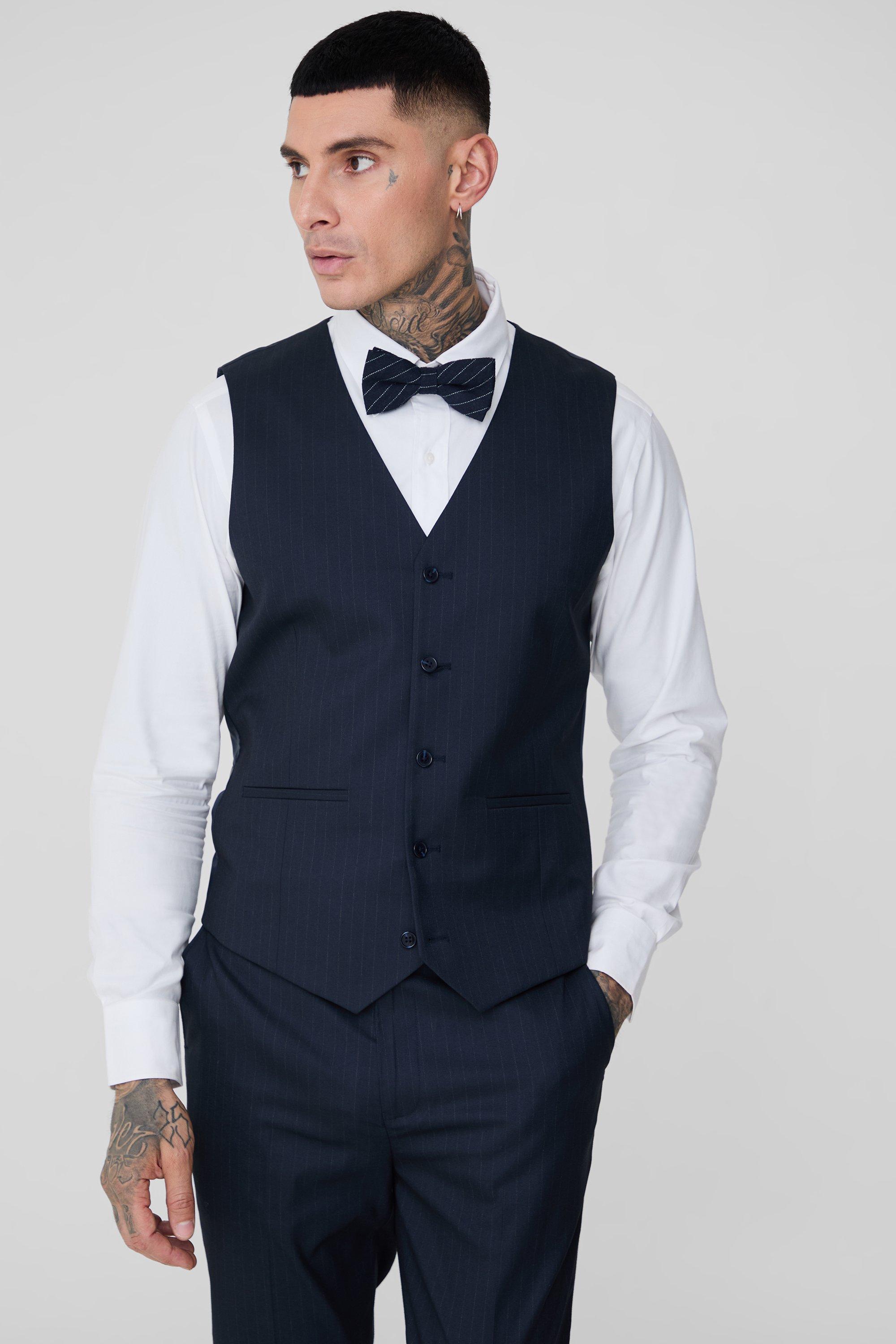 Mens Tall Navy Pinstripe Waistcoat, Navy