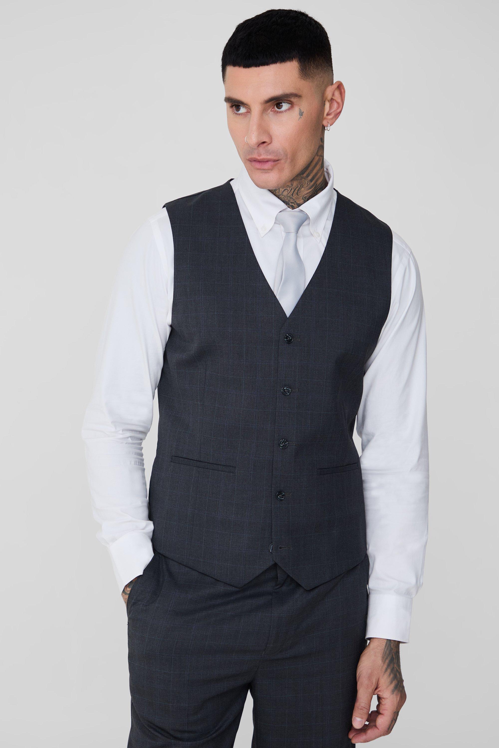 Mens Grey Tall Charcoal Check Waistcoat, Grey