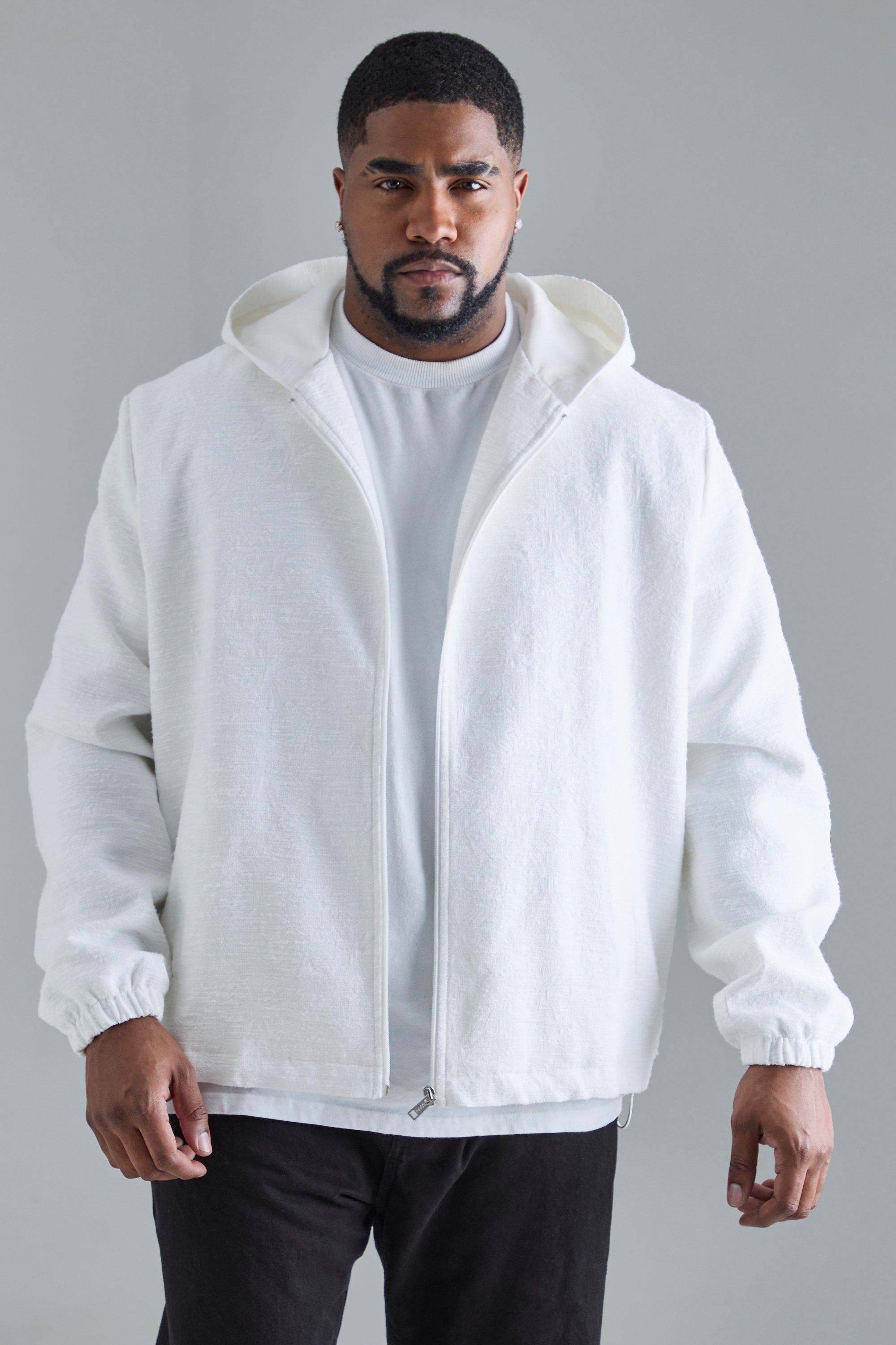 Image of Plus Textured Cotton Jacquard Smart Hooded Jacket, Bianco