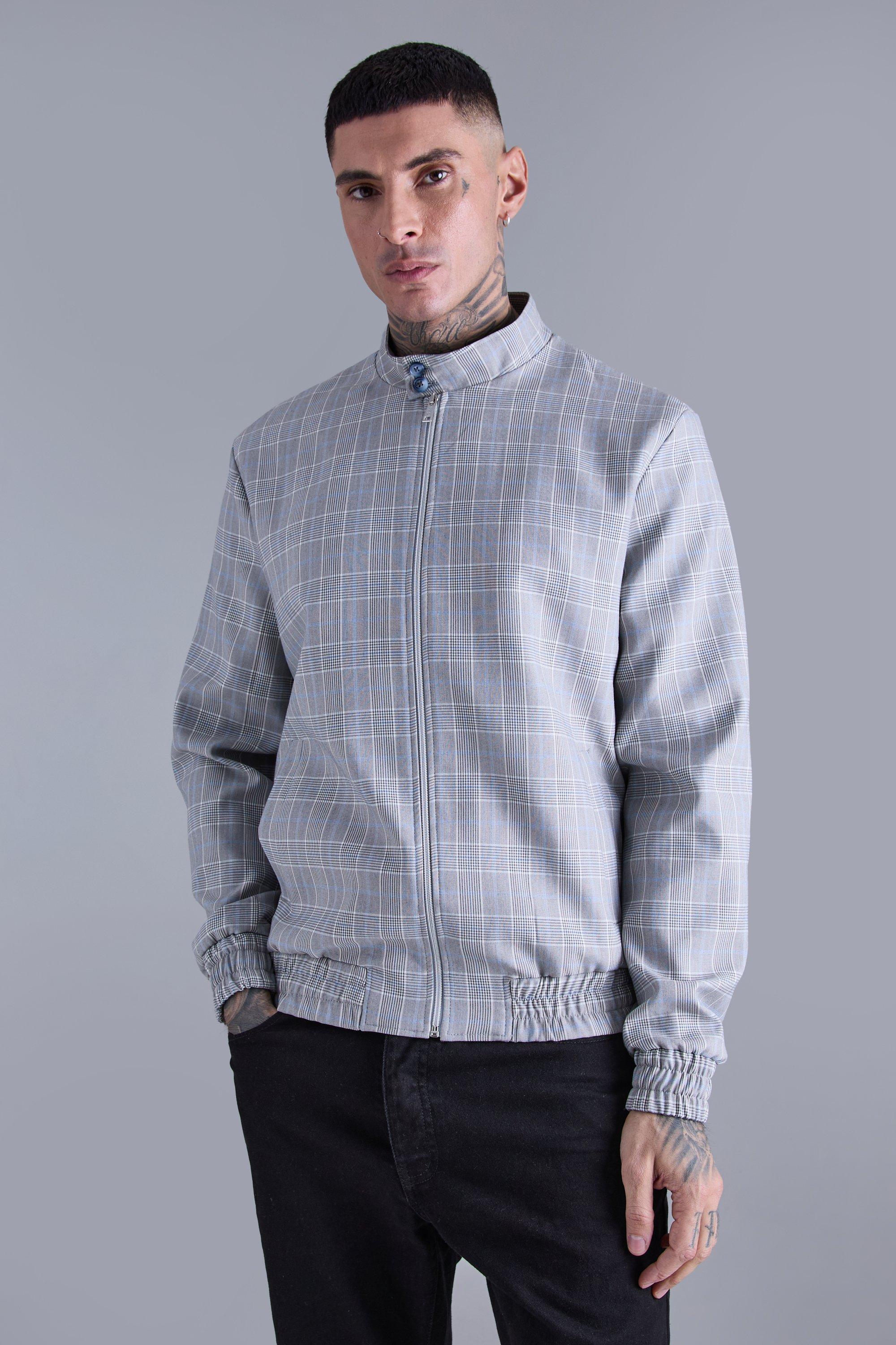 Image of Tall Check High Neck Zip Up Smart Bomber Jacket, Grigio