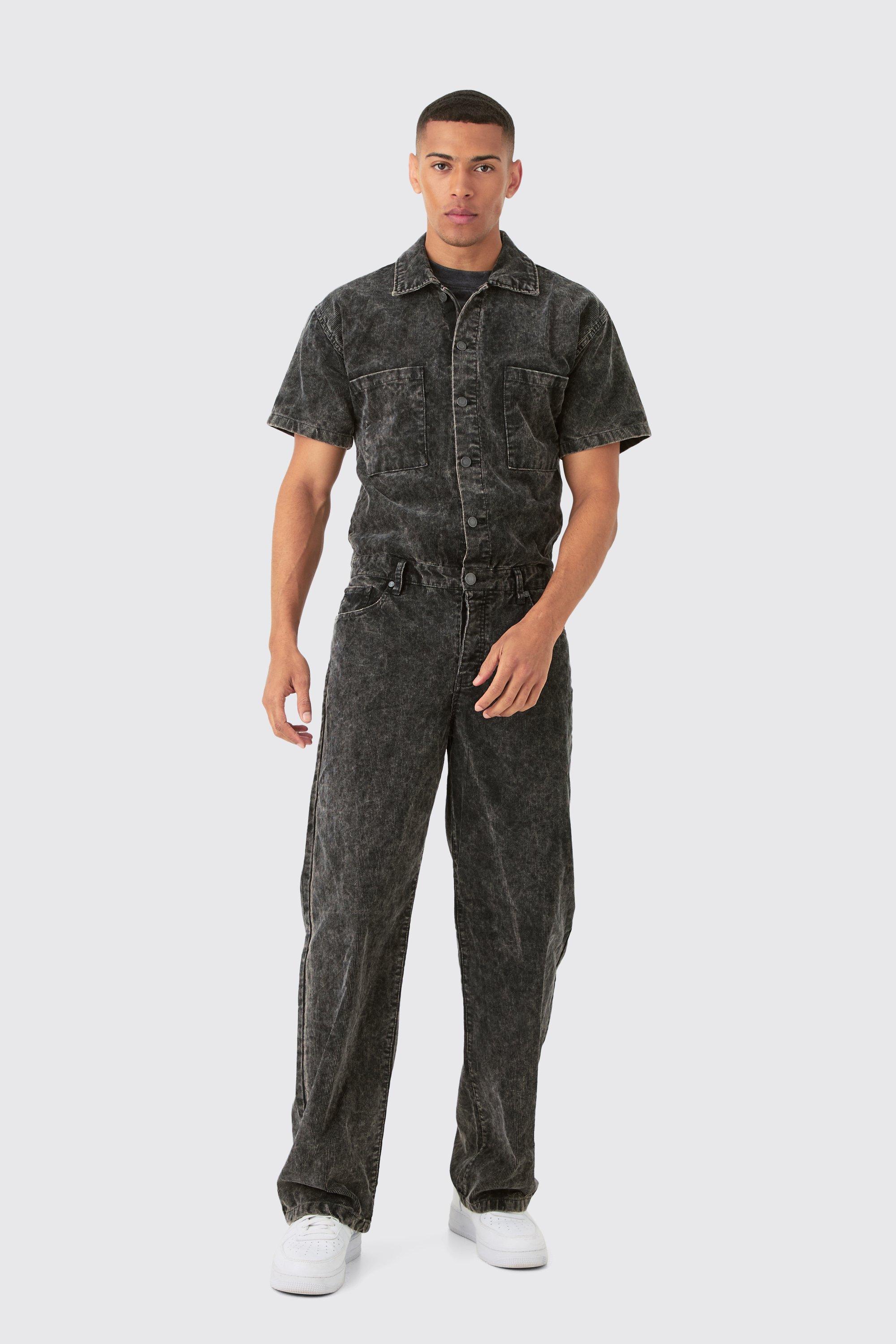 Mens Relaxed Acid Wash Corduroy Boilersuit In Black, Black