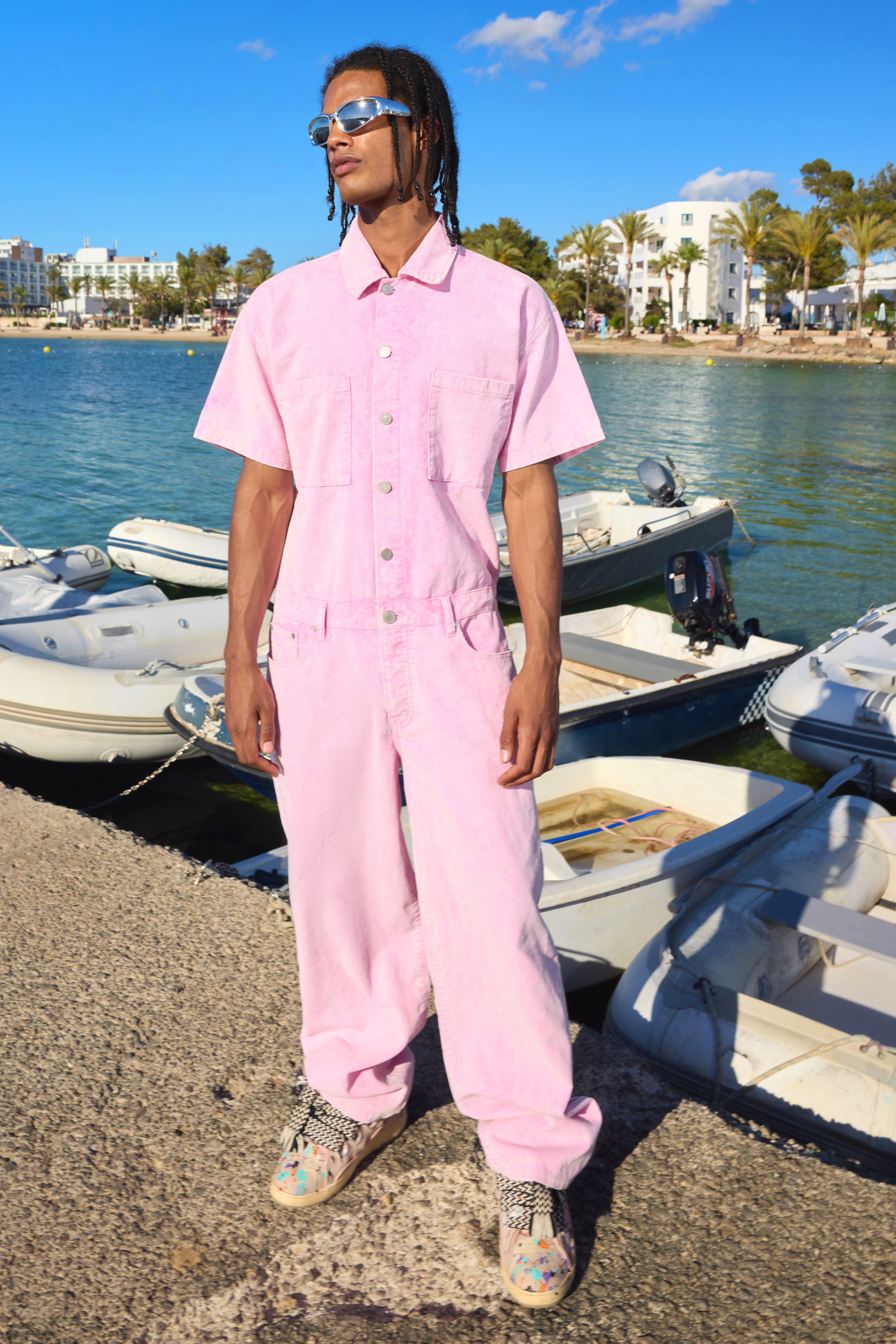 Image of Relaxed Acid Wash Corduroy Boilersuit In Pink, Pink
