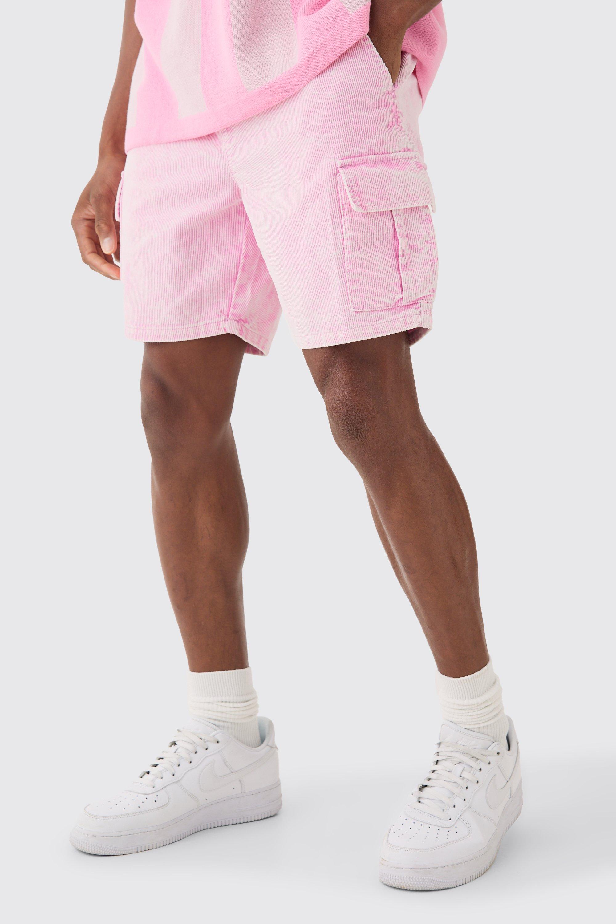 Image of Slim Elasticated Waist Acid Wash Corduroy Cargo Short In Pink, Pink