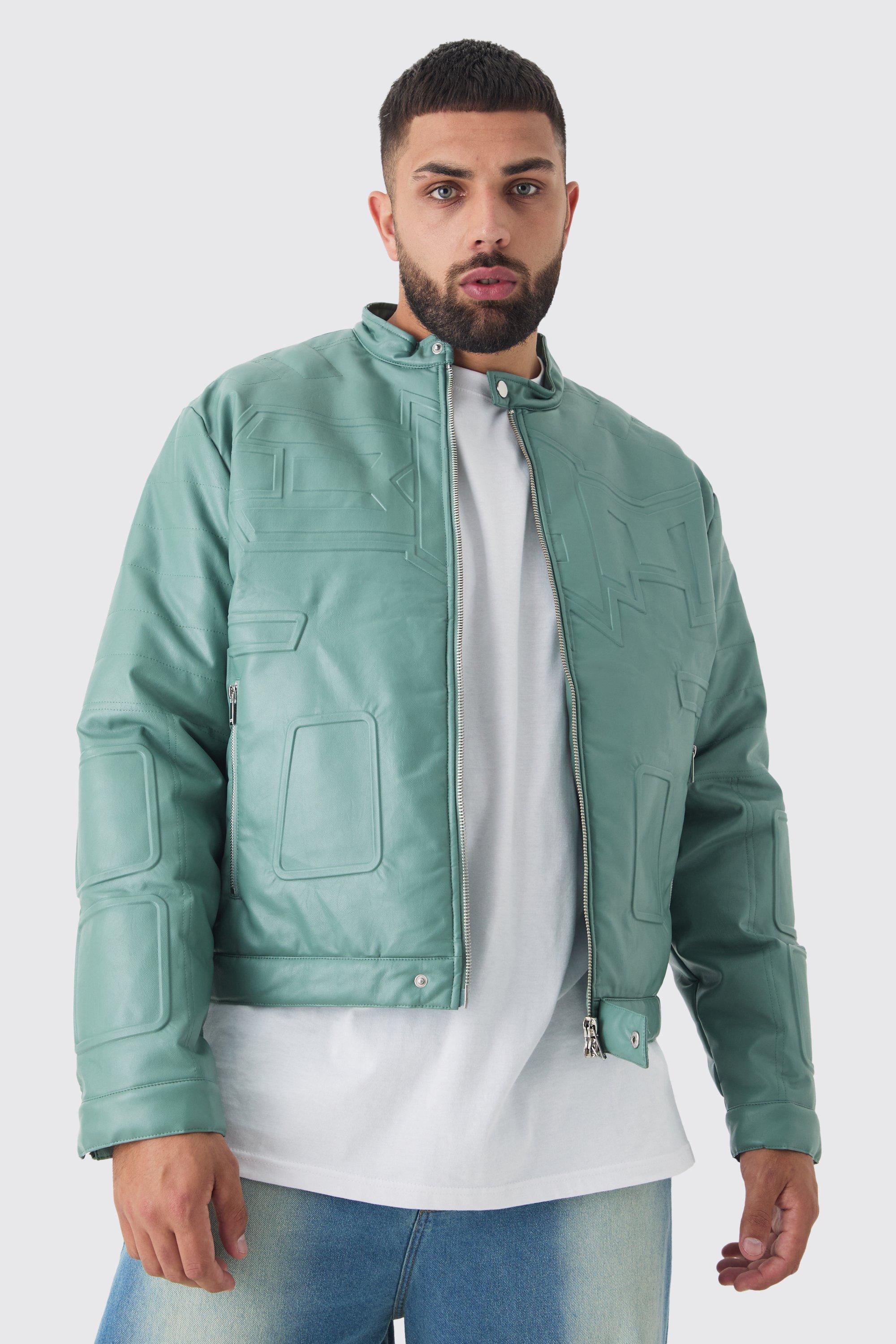 Giacca da moto Plus Size squadrata in PU senza colletto color salvia, Verde