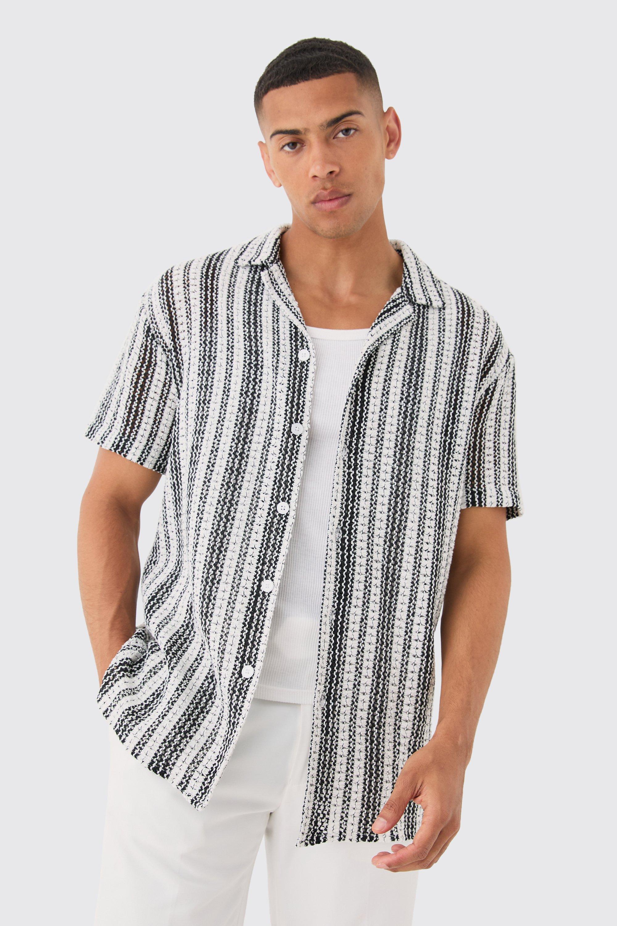 Image of Oversized Open Knit Stripe Shirt, Nero