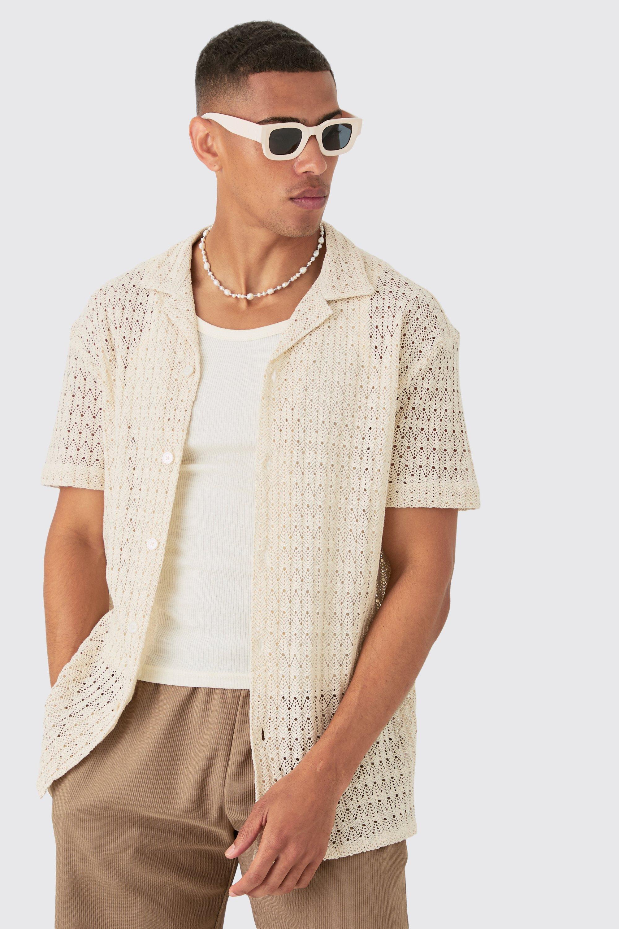 Mens Cream Oversized Open Knit Shirt, Cream