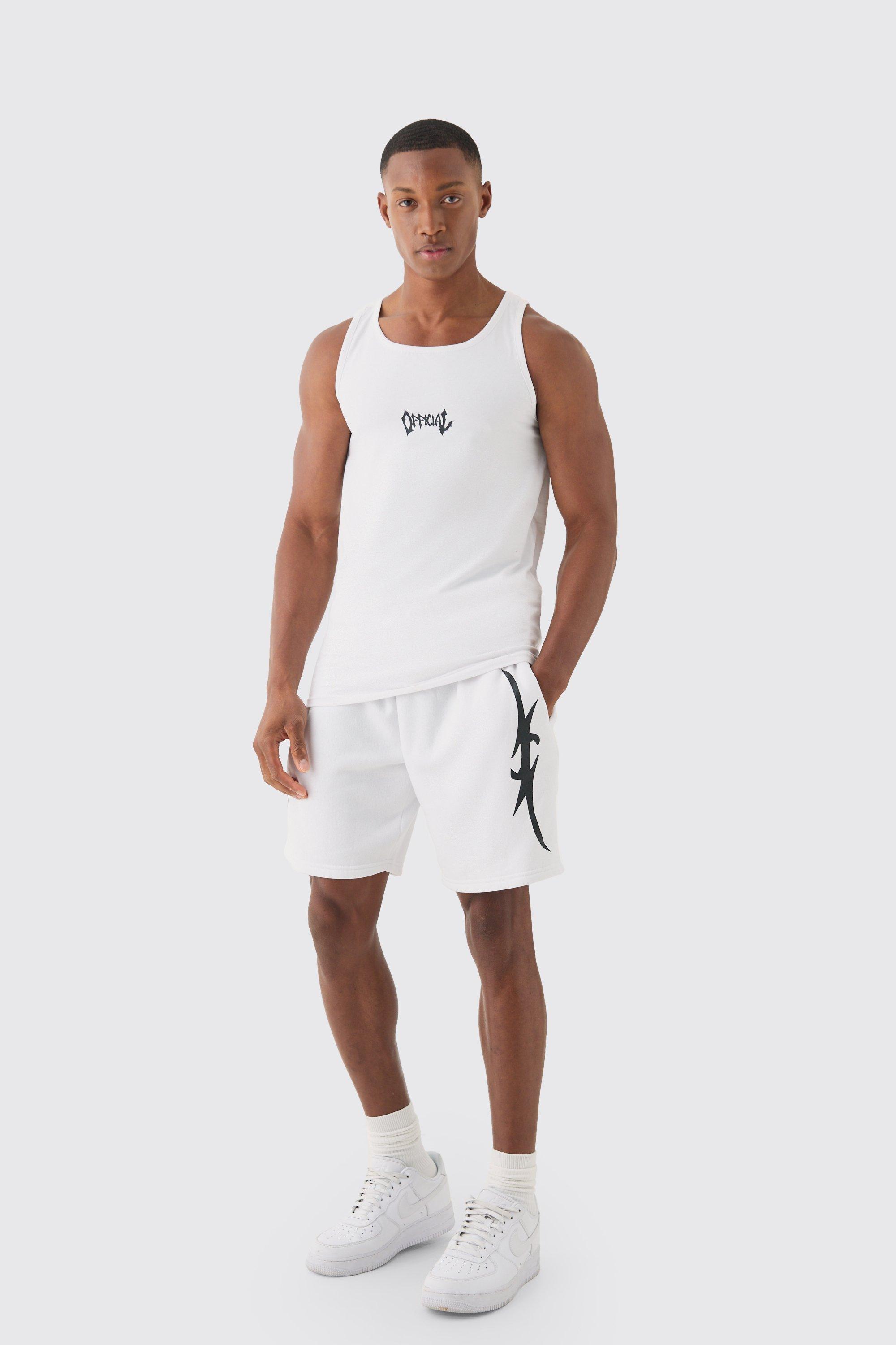 Image of Muscle Fit Graphic Official Vest & Shorts Set, Bianco