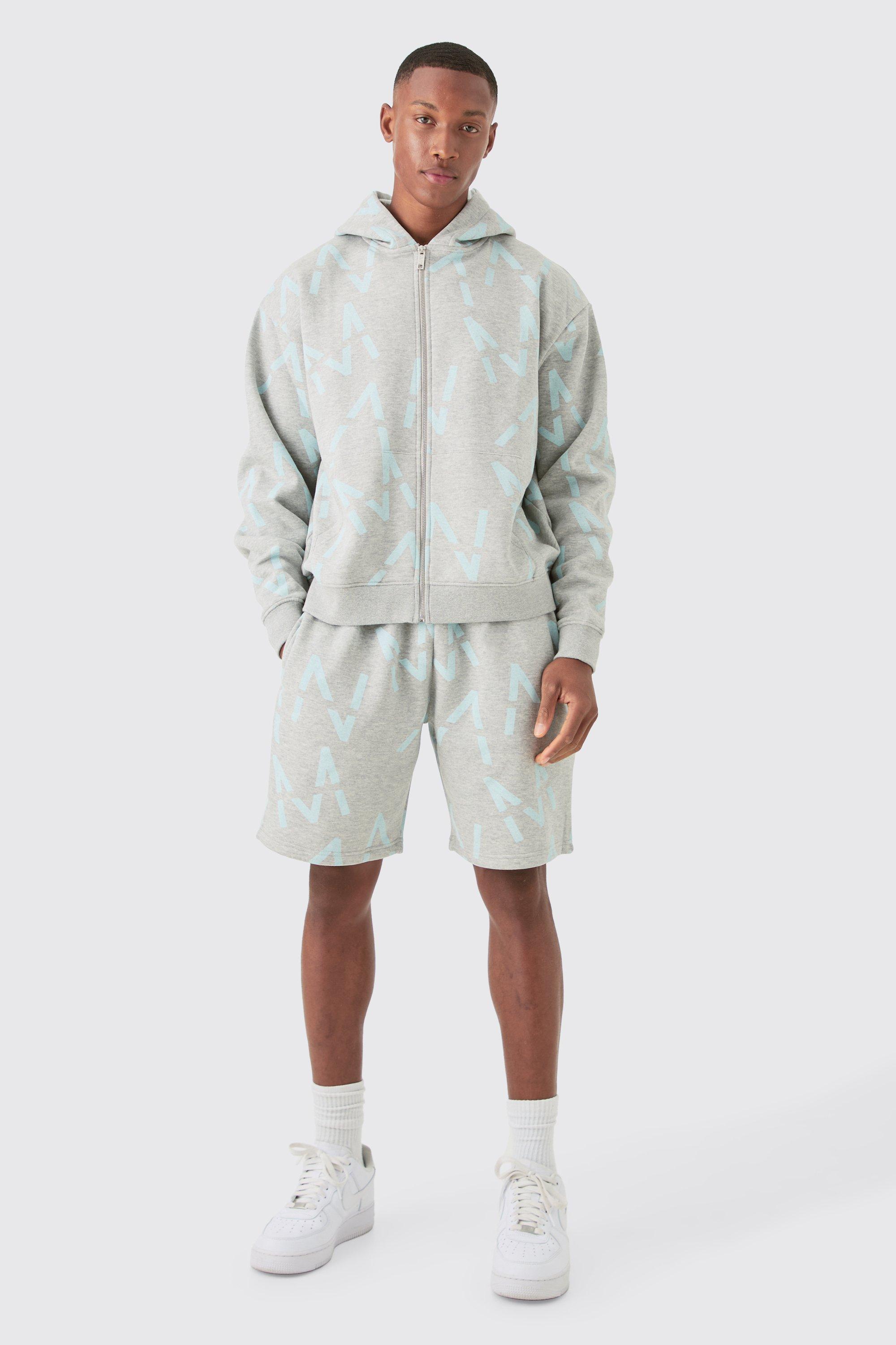 Image of Oversized Boxy Man All Over Print Zip Hoodie Short Tracksuit, Grigio
