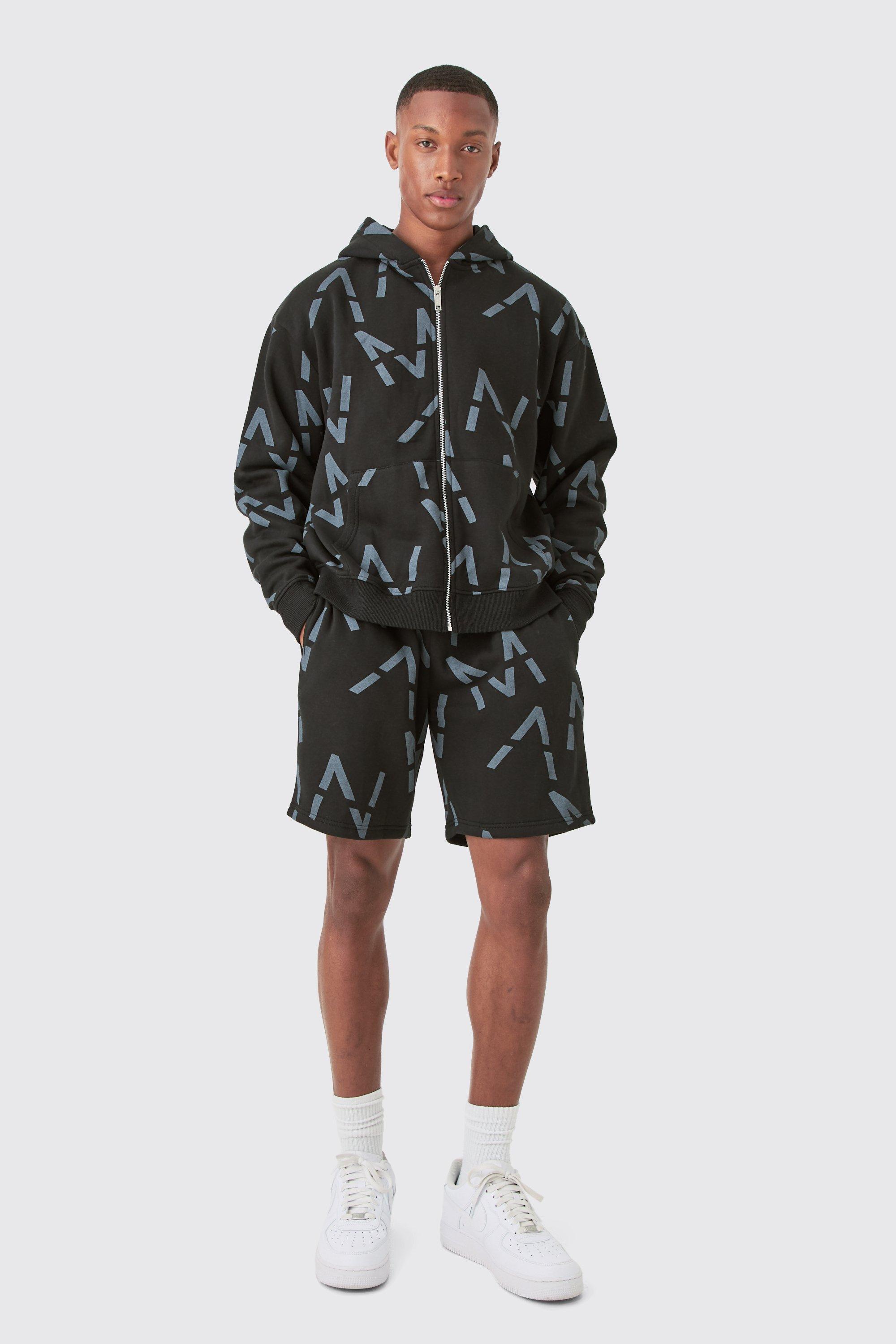 Image of Oversized Boxy Man All Over Print Zip Hoodie Short Tracksuit, Nero