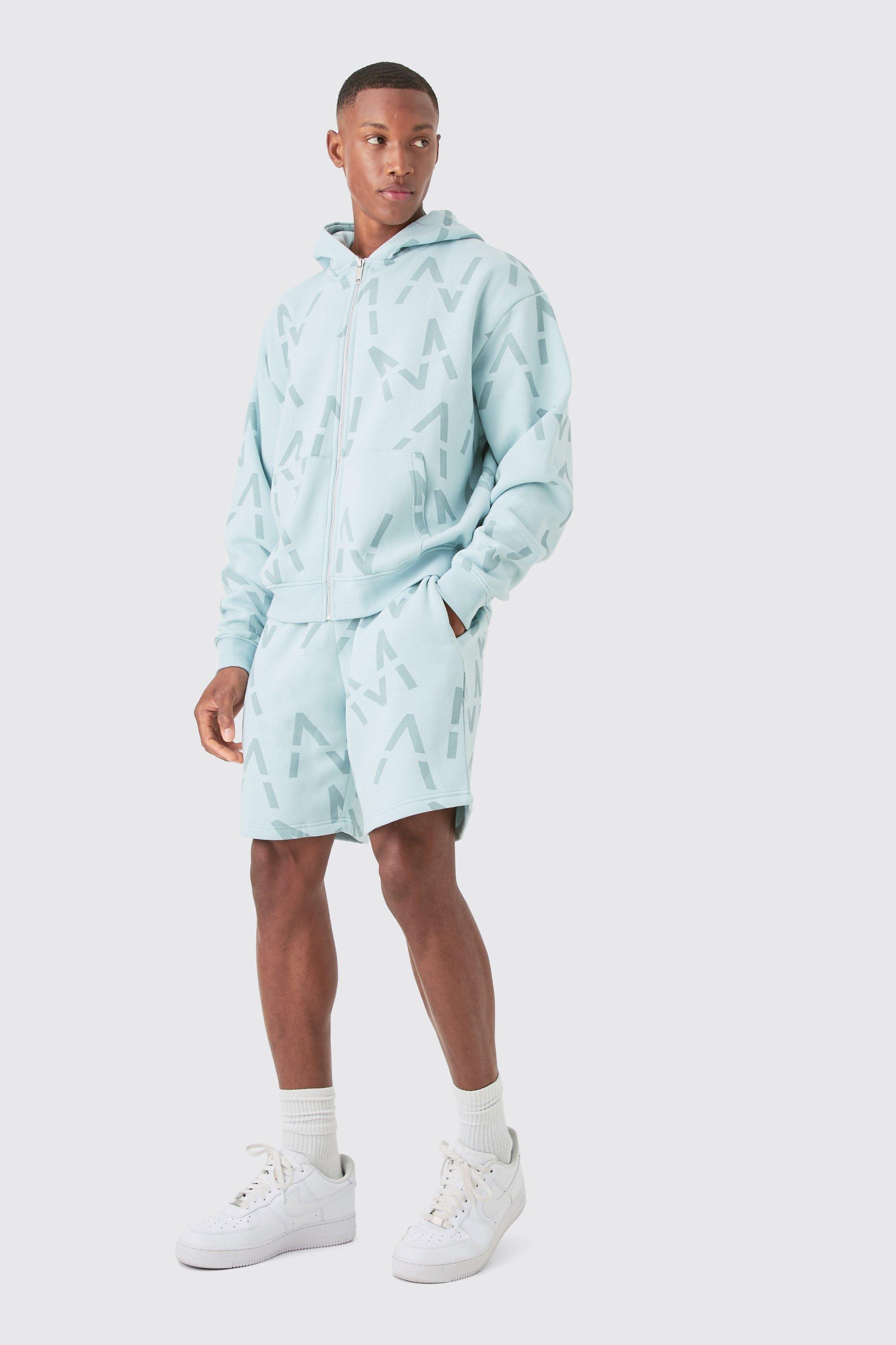 Image of Oversized Boxy Man All Over Print Zip Hoodie Short Tracksuit, Azzurro