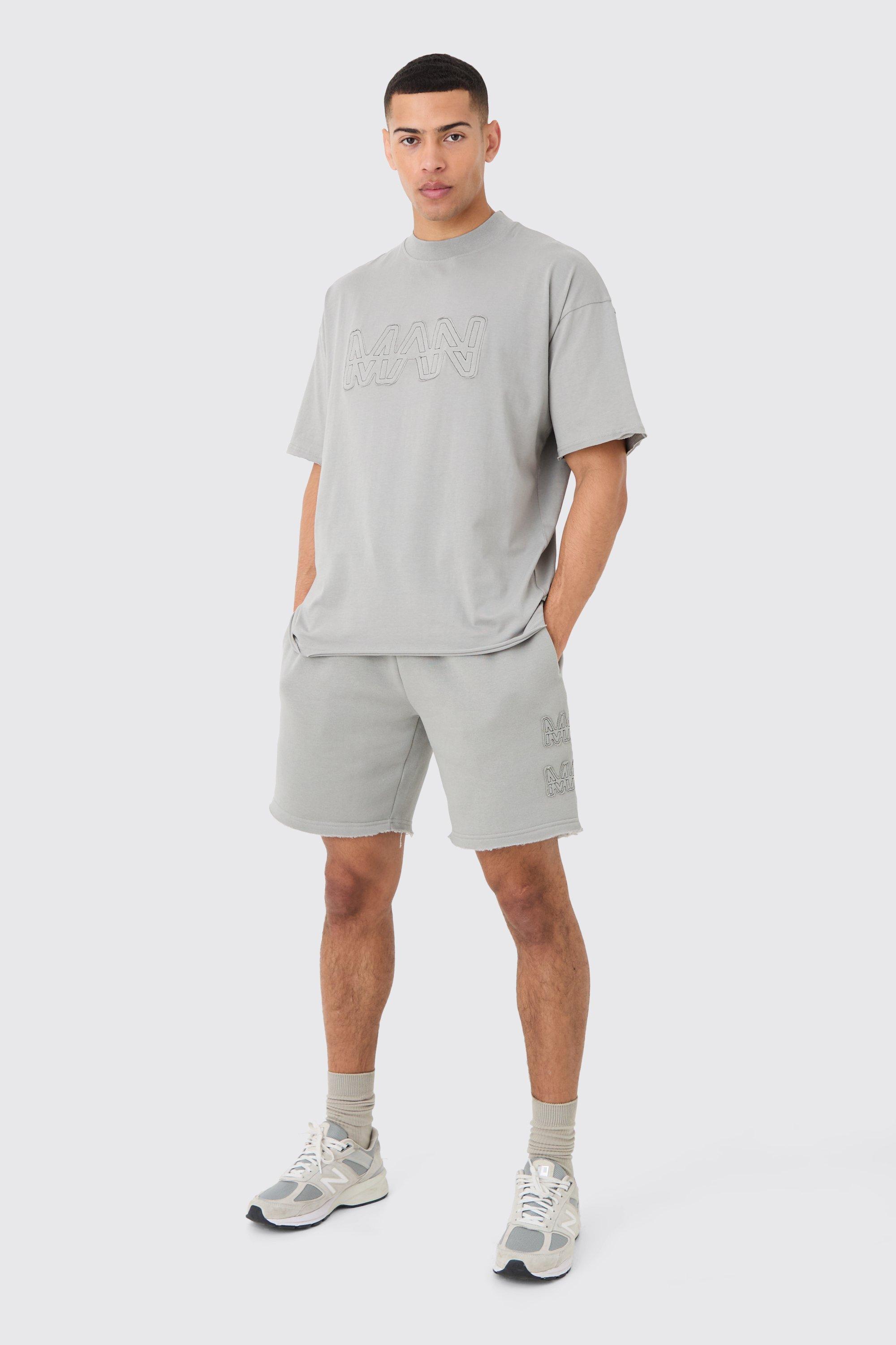 Image of Boxy Man Distressed T-Shirt & Shorts Set, Grigio