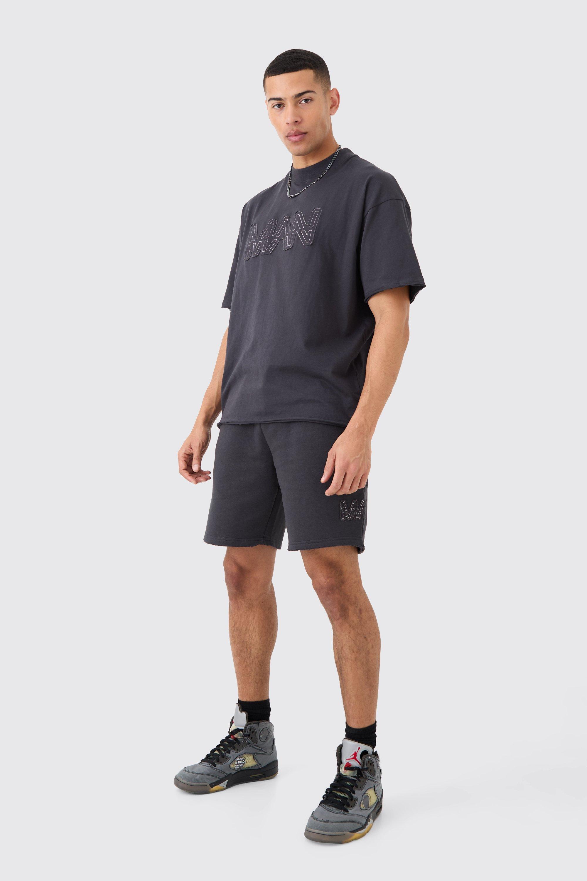 Image of Boxy Man Distressed T-Shirt & Shorts Set, Nero