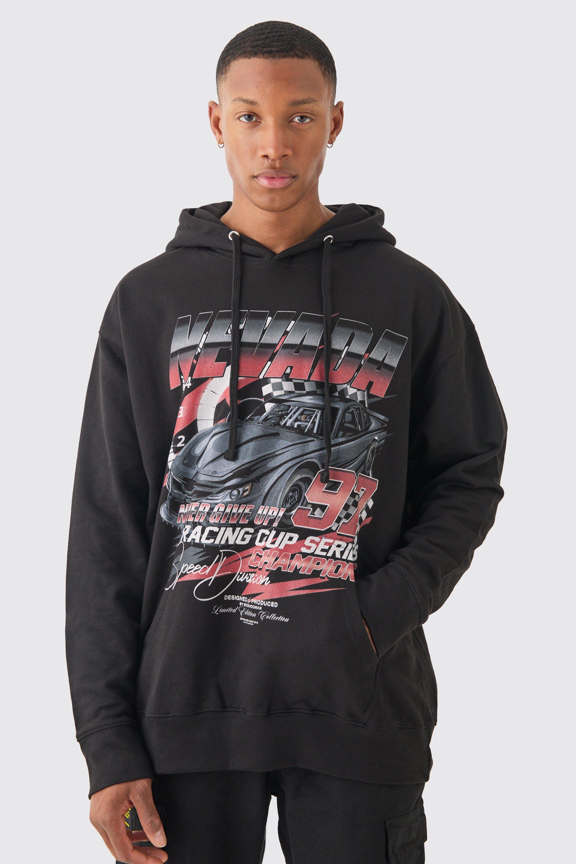 Mens Black Oversized Car Graphic 97 Hoodie, Black