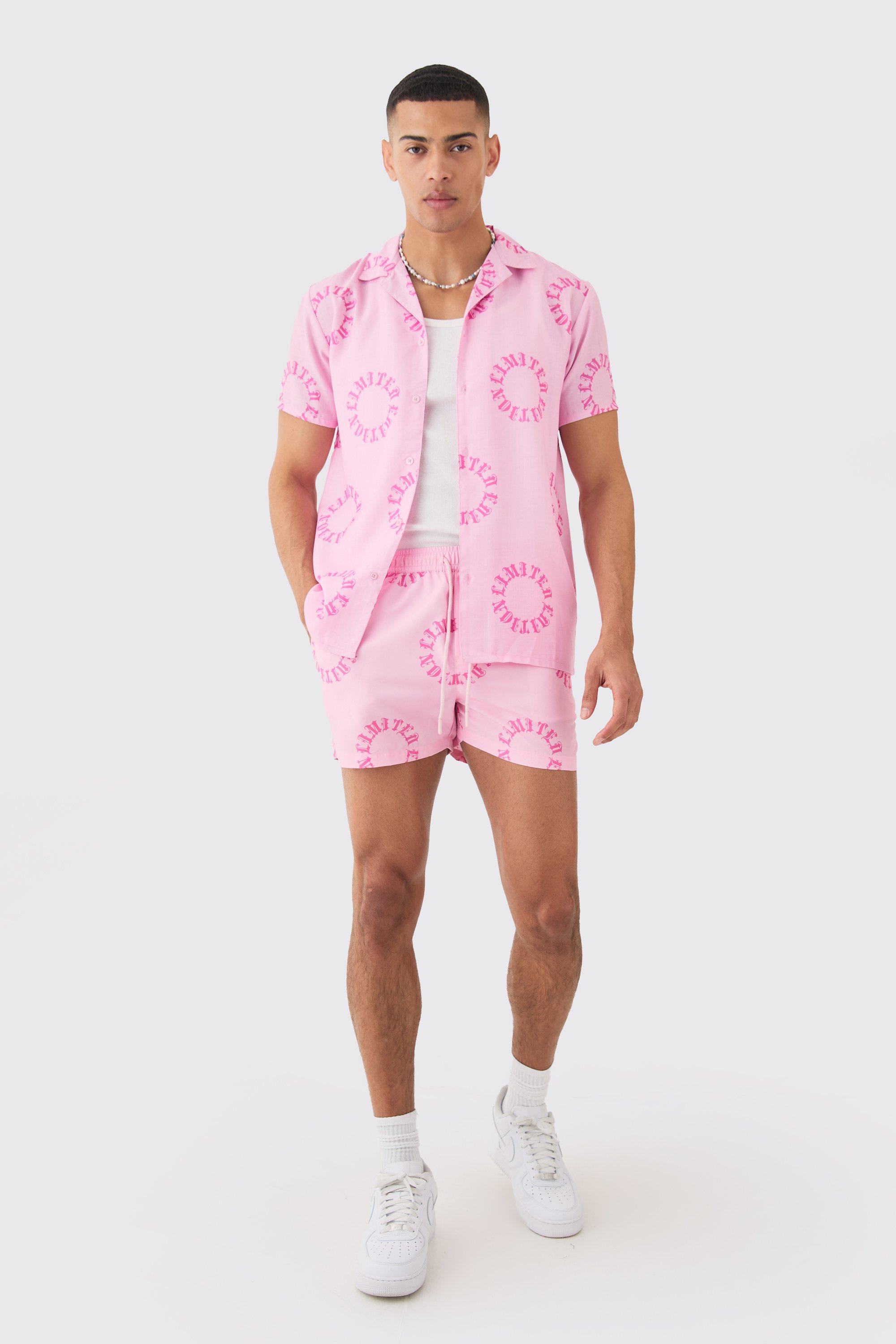 Mens Pink Regular Worldwide Shirt & Swim Short Set, Pink