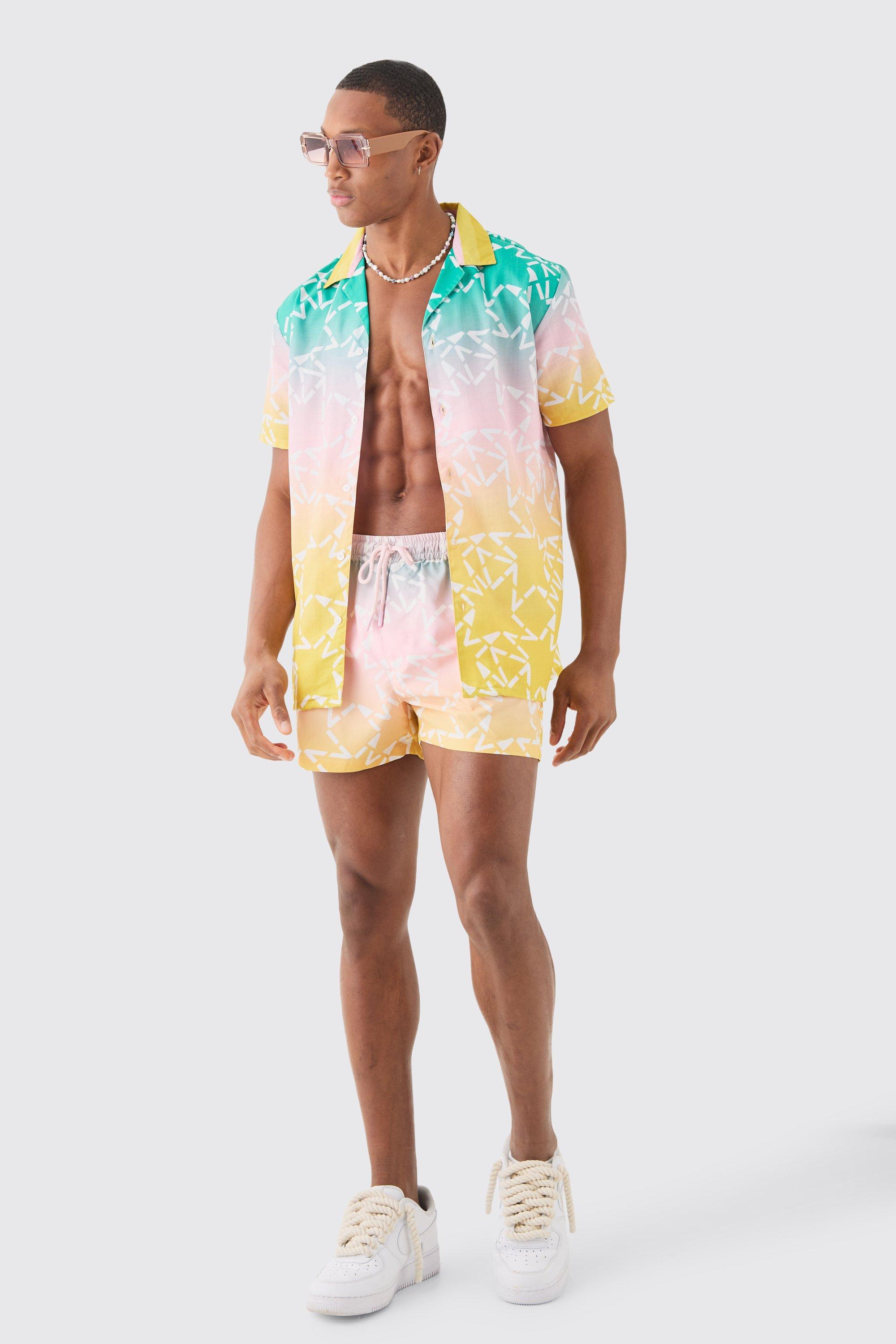 Mens Multi Regular Ombre Shirt & Swim Short Set, Multi