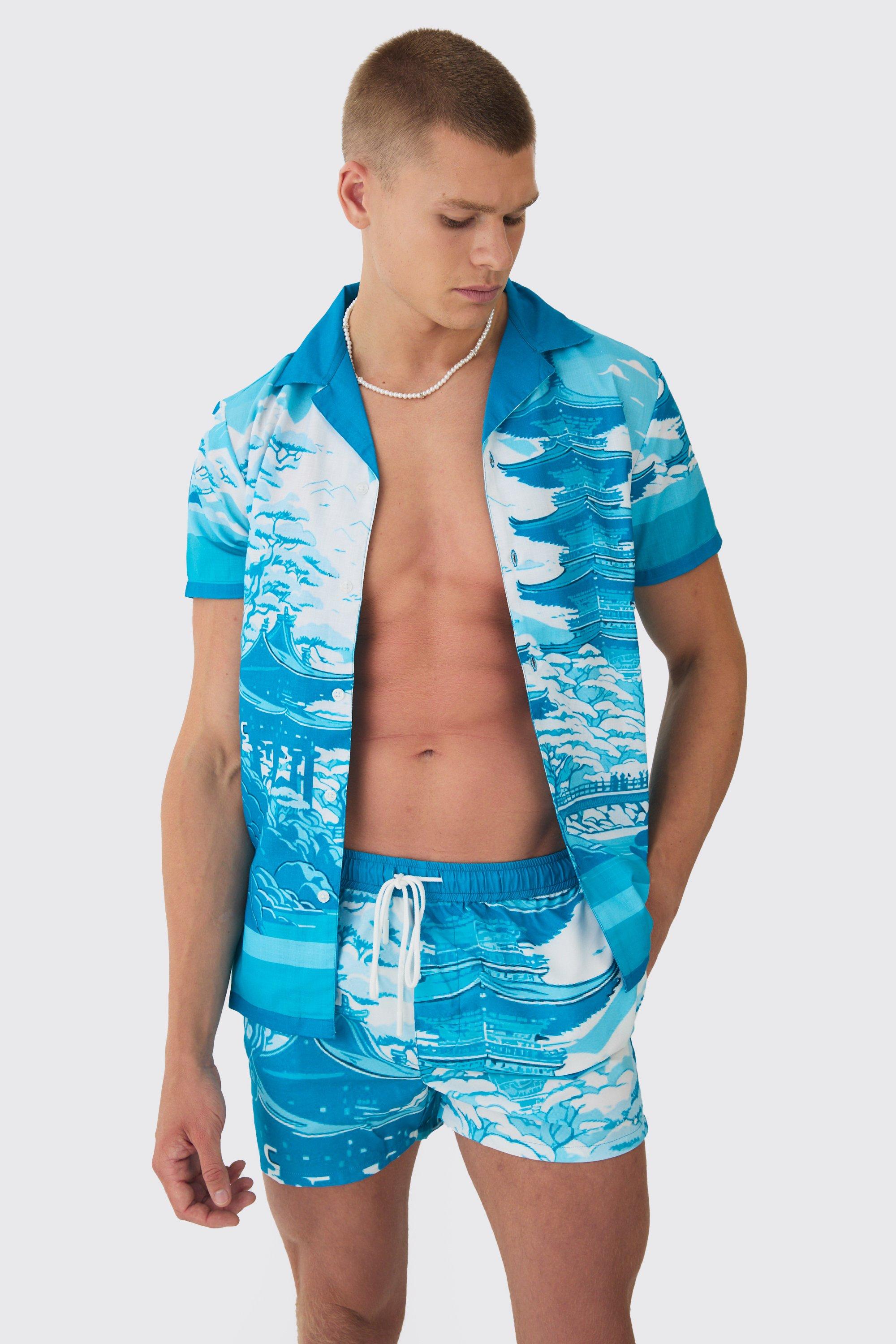 Mens Blue Regular Printed Shirt & Swim Short Set, Blue