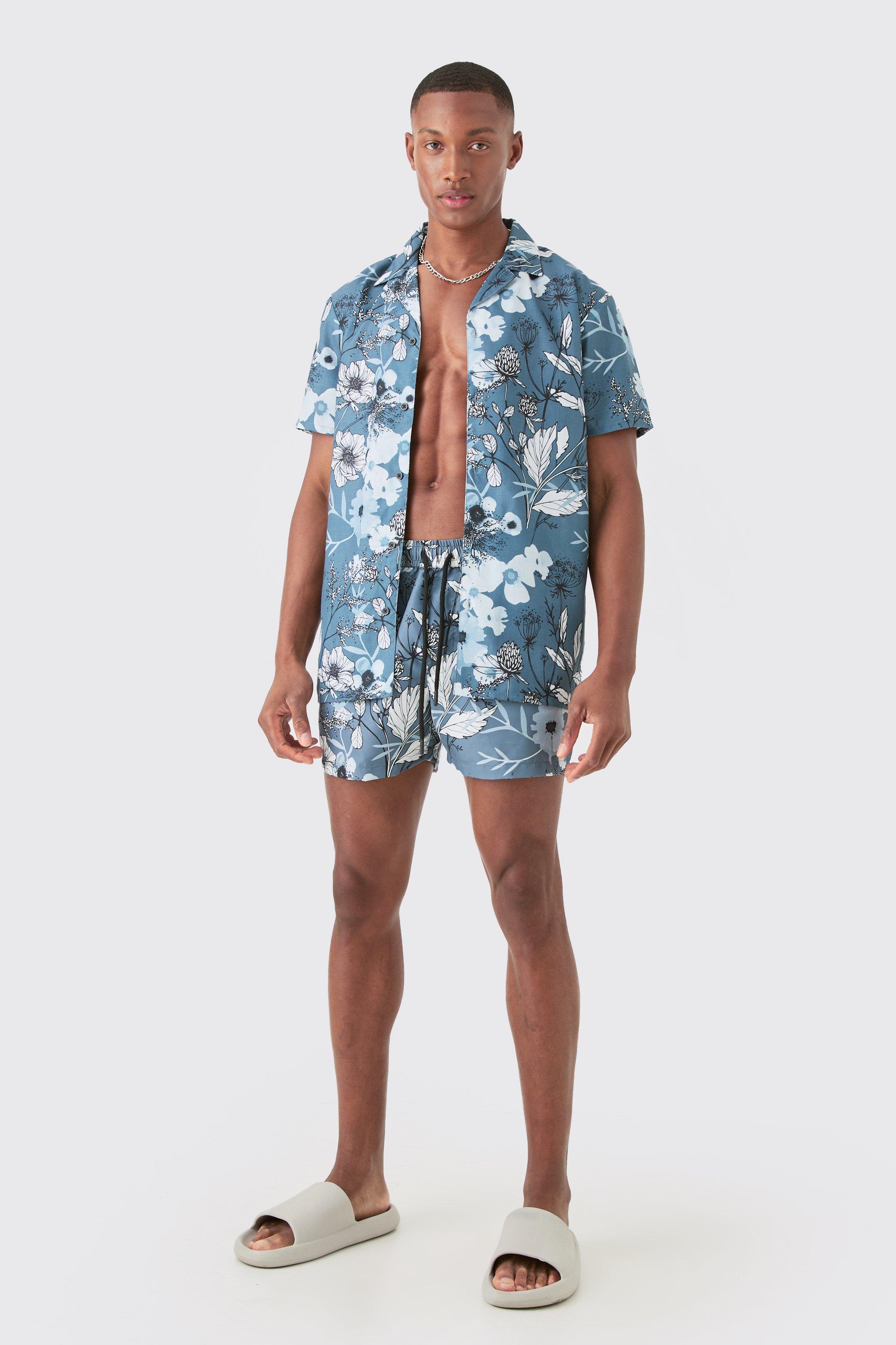 Image of Regular Floral Shirt & Swim Short Set, Nero