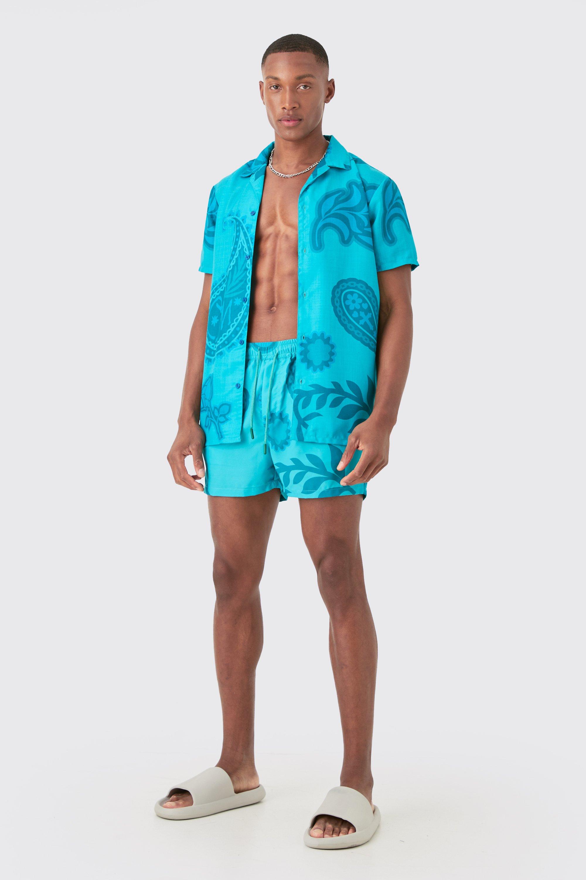 Mens Blue Regular Paisley Shirt & Swim Short Set, Blue