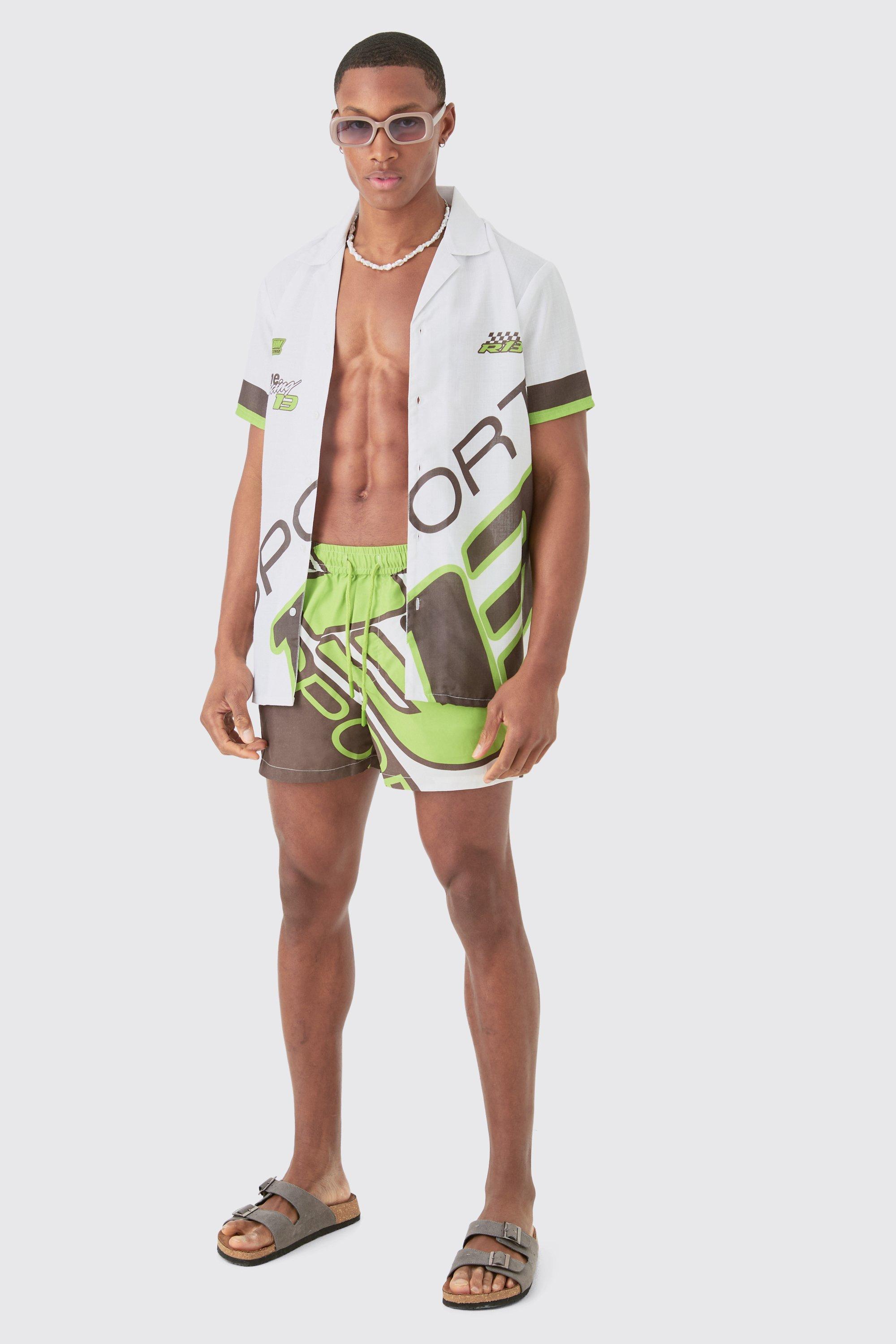 Mens White Regular Moto Shirt & Swim Short Set, White