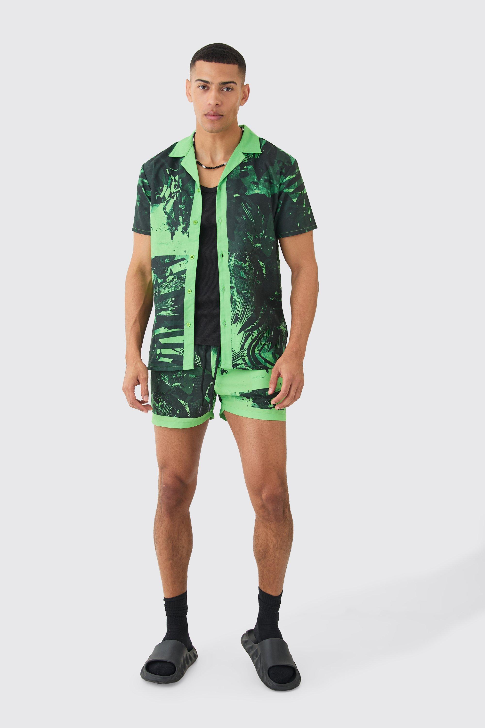 Mens Green Regular Boarder Shirt & Swim Short Set, Green