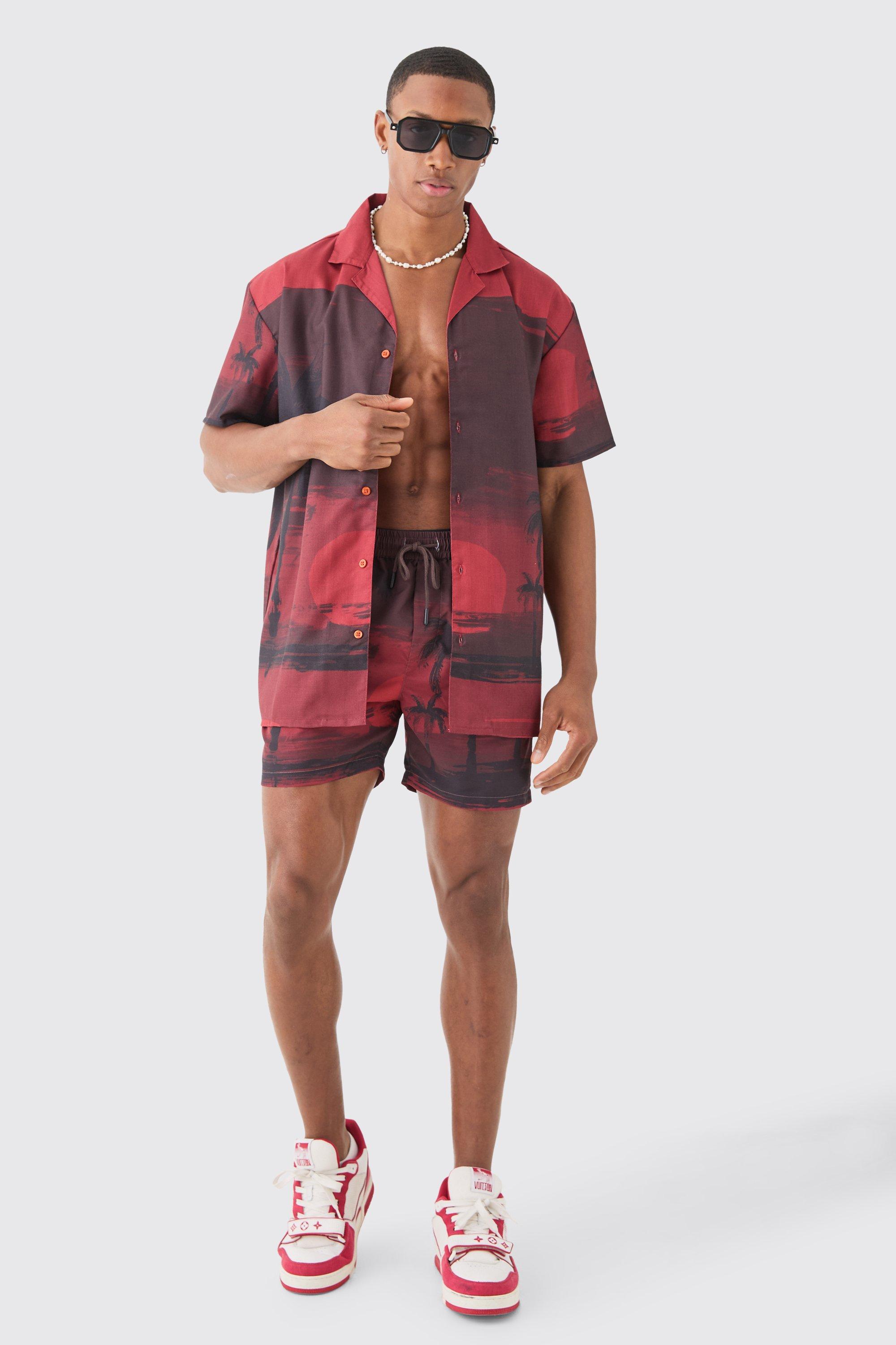 Mens Red Oversized Palm Shirt & Swim Short Set, Red