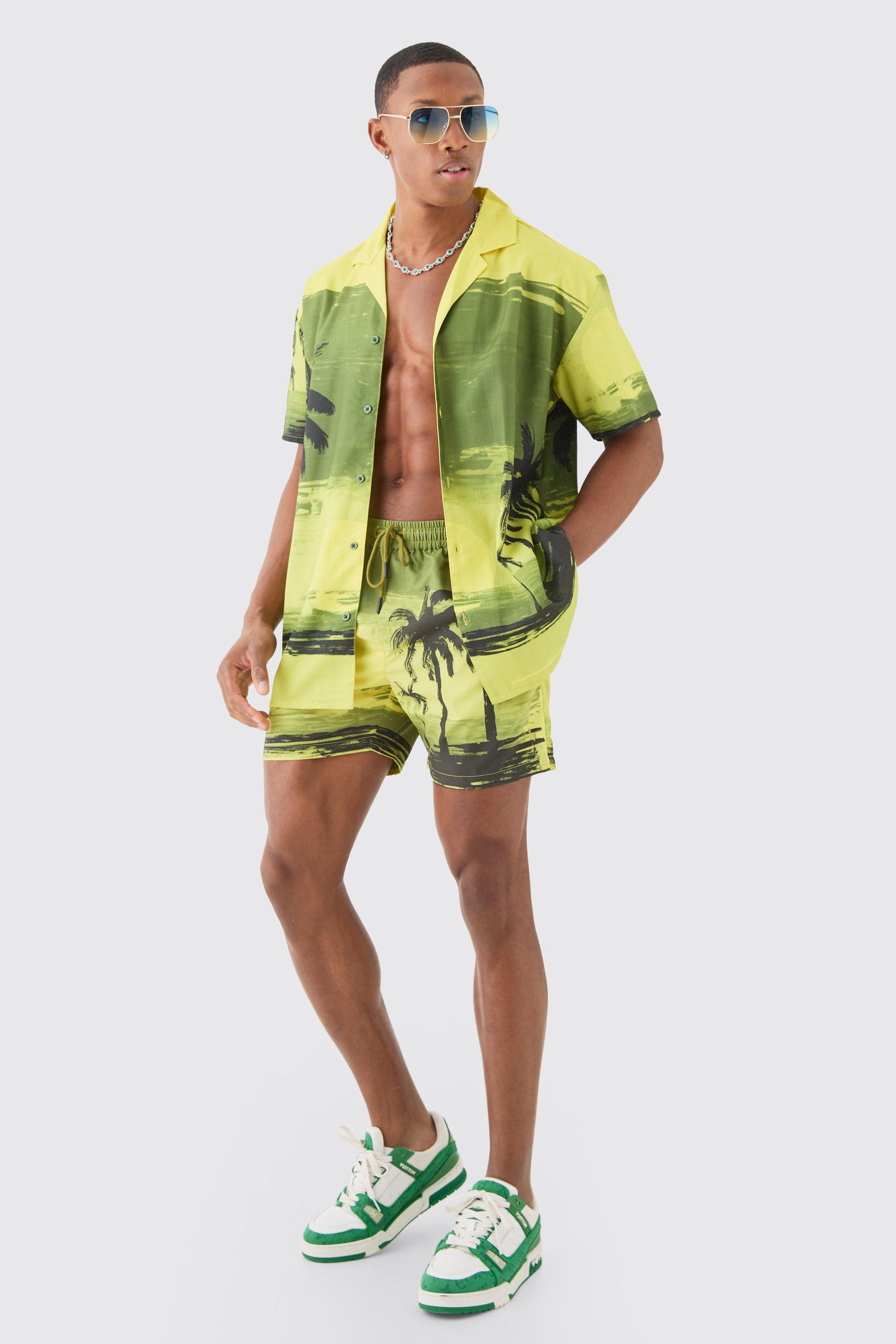 Mens Yellow Oversized Palm Shirt & Swim Short Set, Yellow