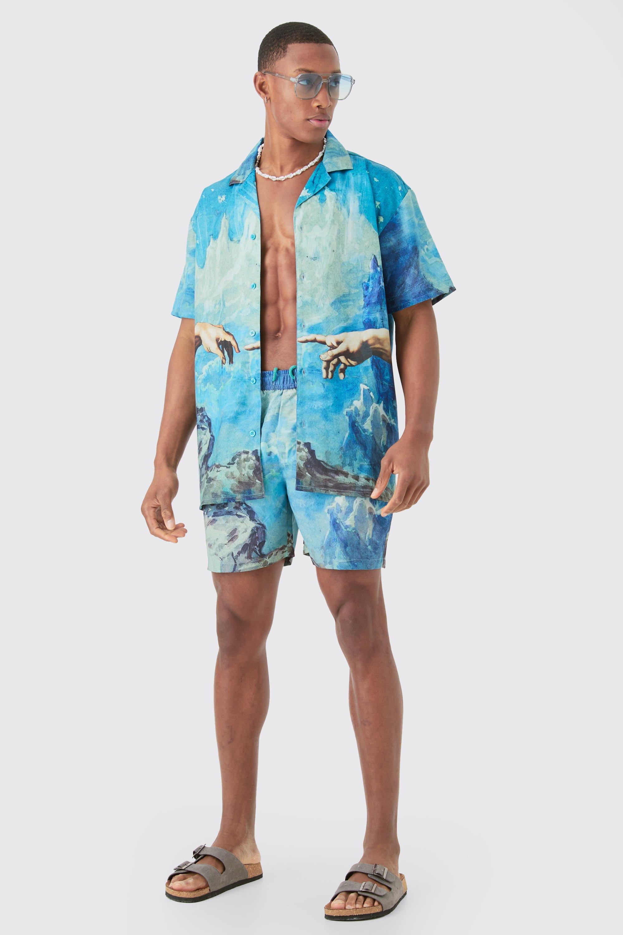 Mens Blue Oversized Renaissance Shirt & Swim Short Set, Blue