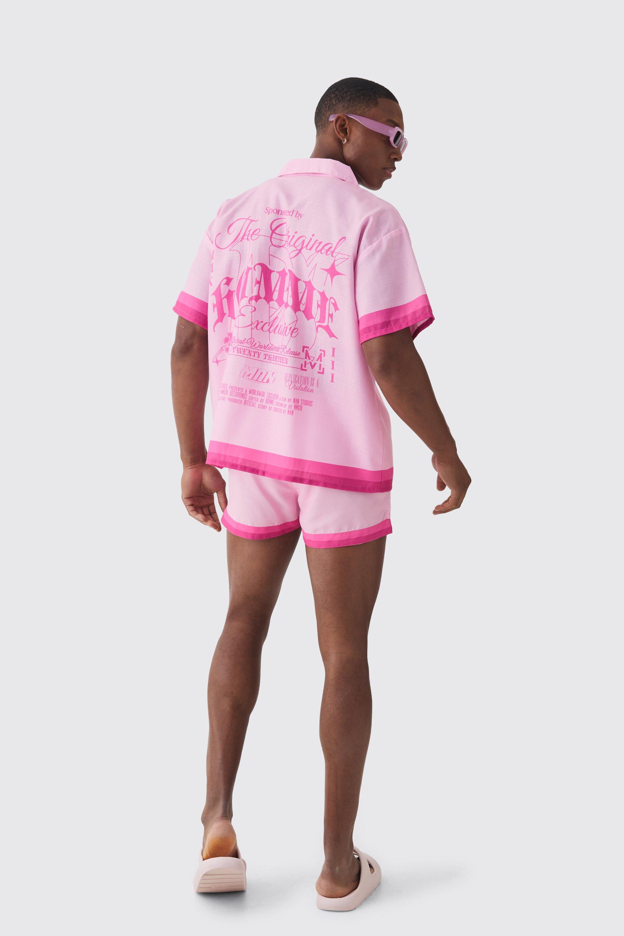 Mens Pink Boxy Back Print Shirt & Swim Short Set, Pink