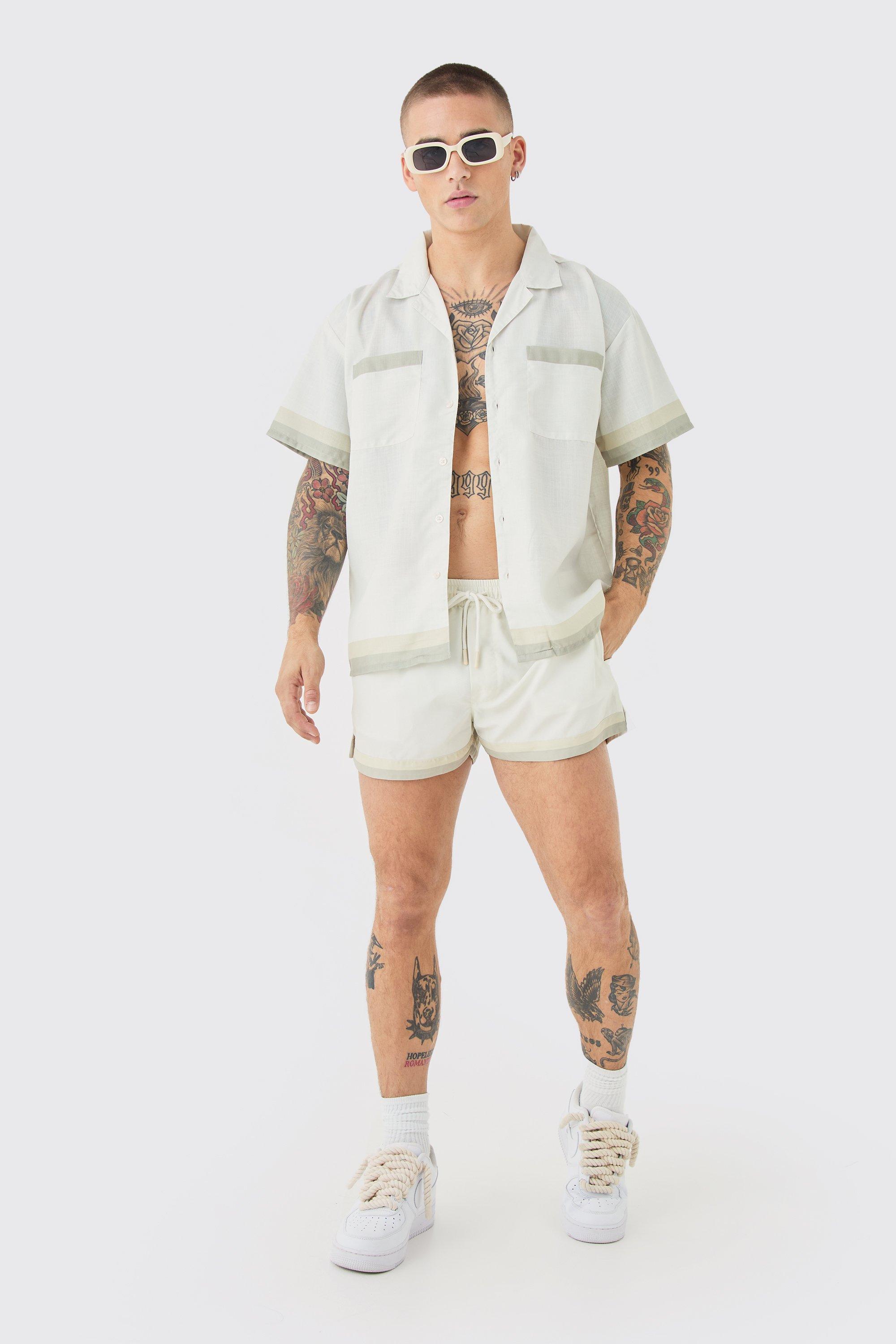 Mens Cream Boxy Back Print Shirt & Swim Short Set, Cream