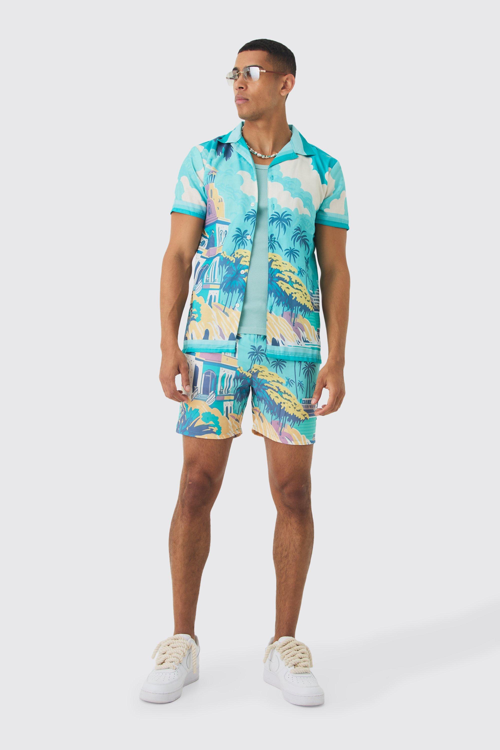 Mens Blue Regular Landscape Shirt & Swim Short Set, Blue