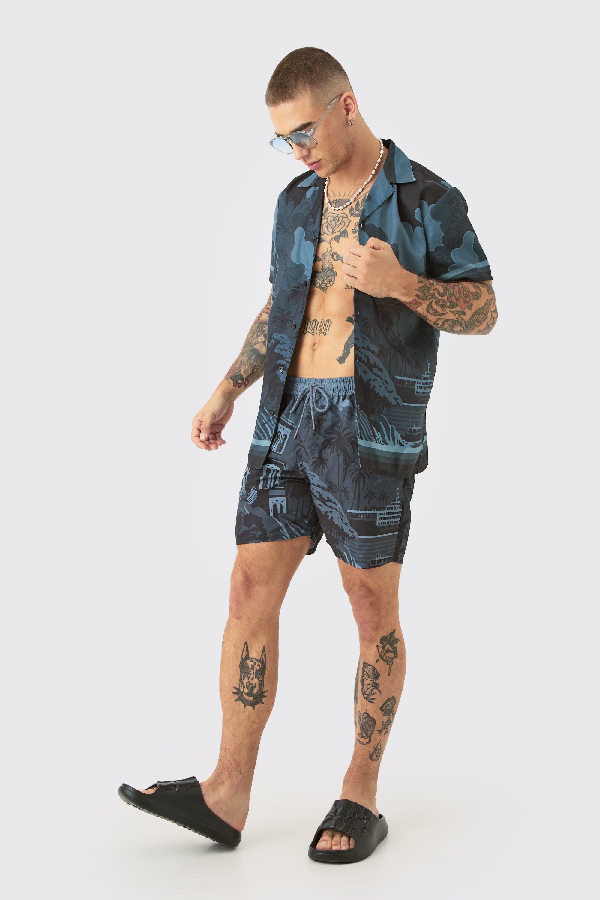 Mens Black Regular Landscape Shirt & Swim Short Set, Black