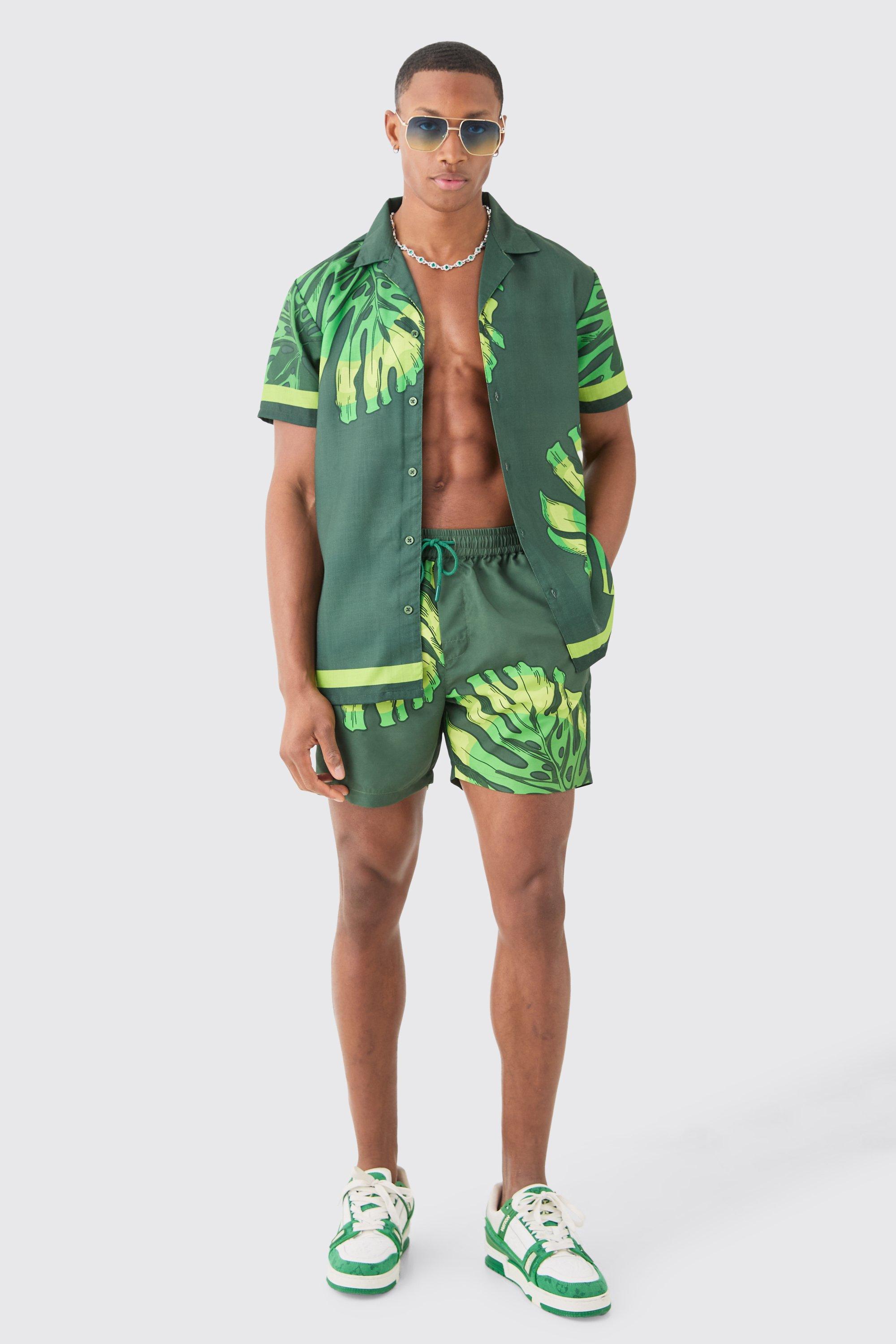 Image of Regular Leaf Shirt & Swim Short Set, Verde