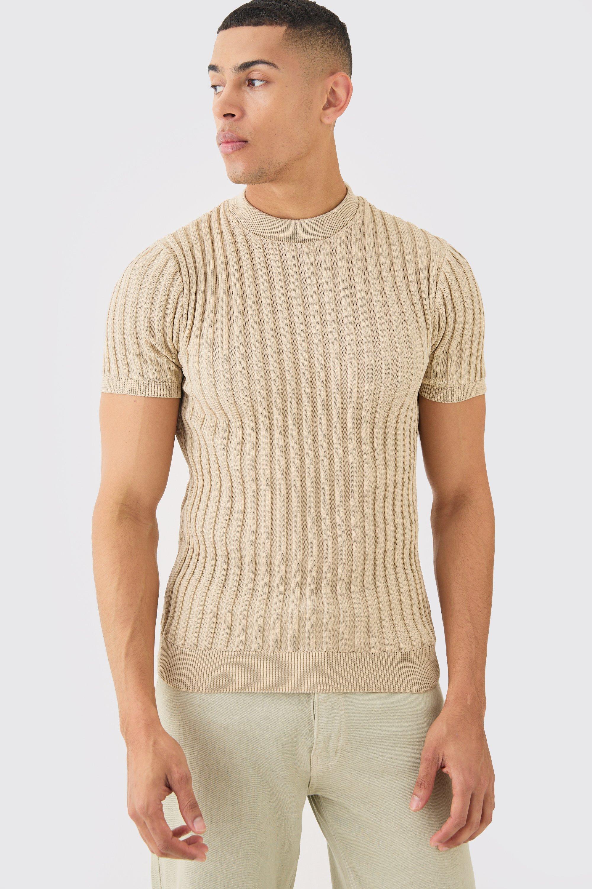 Image of Muscle Fit Ribbed Knit T-shirt, Beige