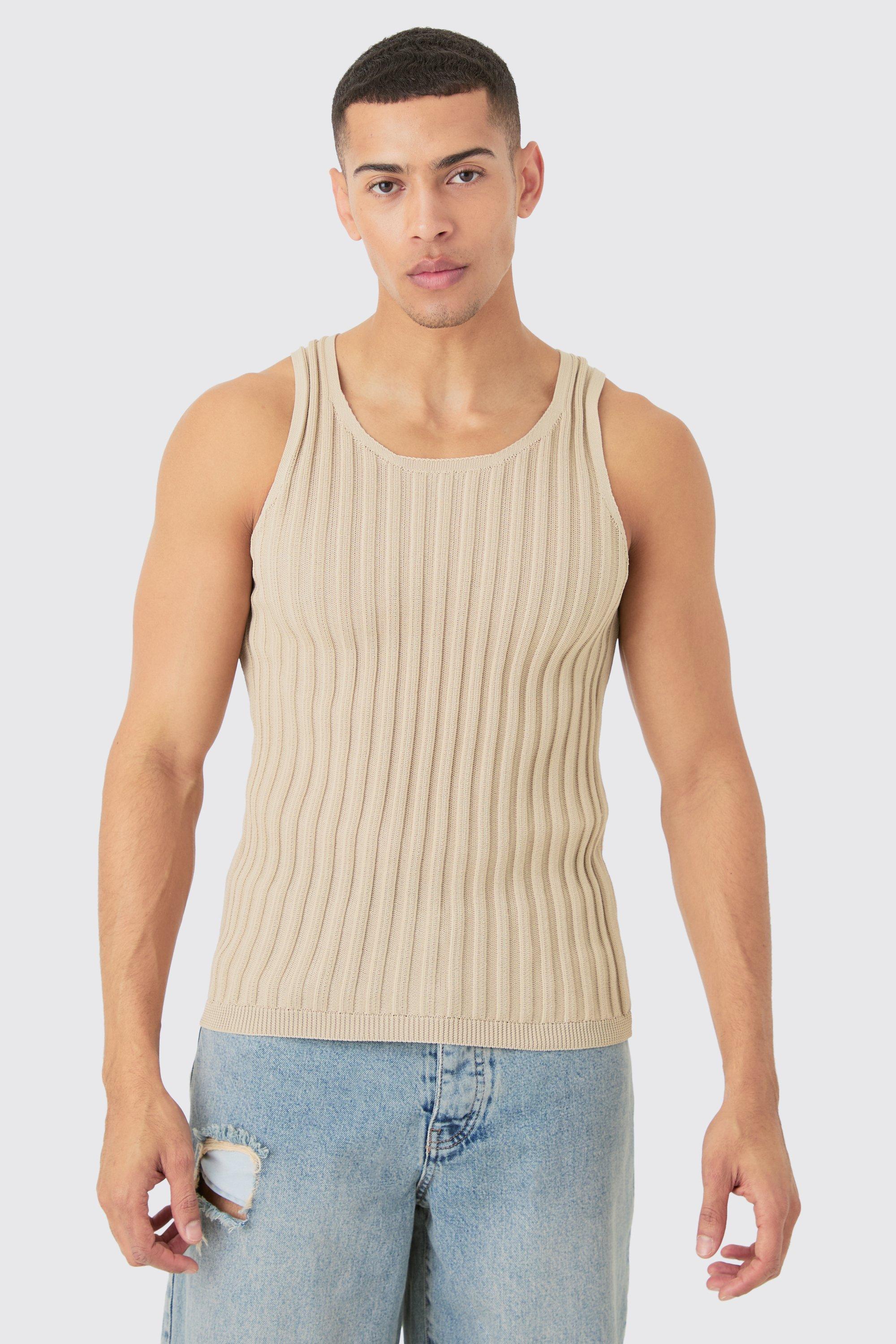 Image of Muscle Fit Ribbed Knit Vest, Beige