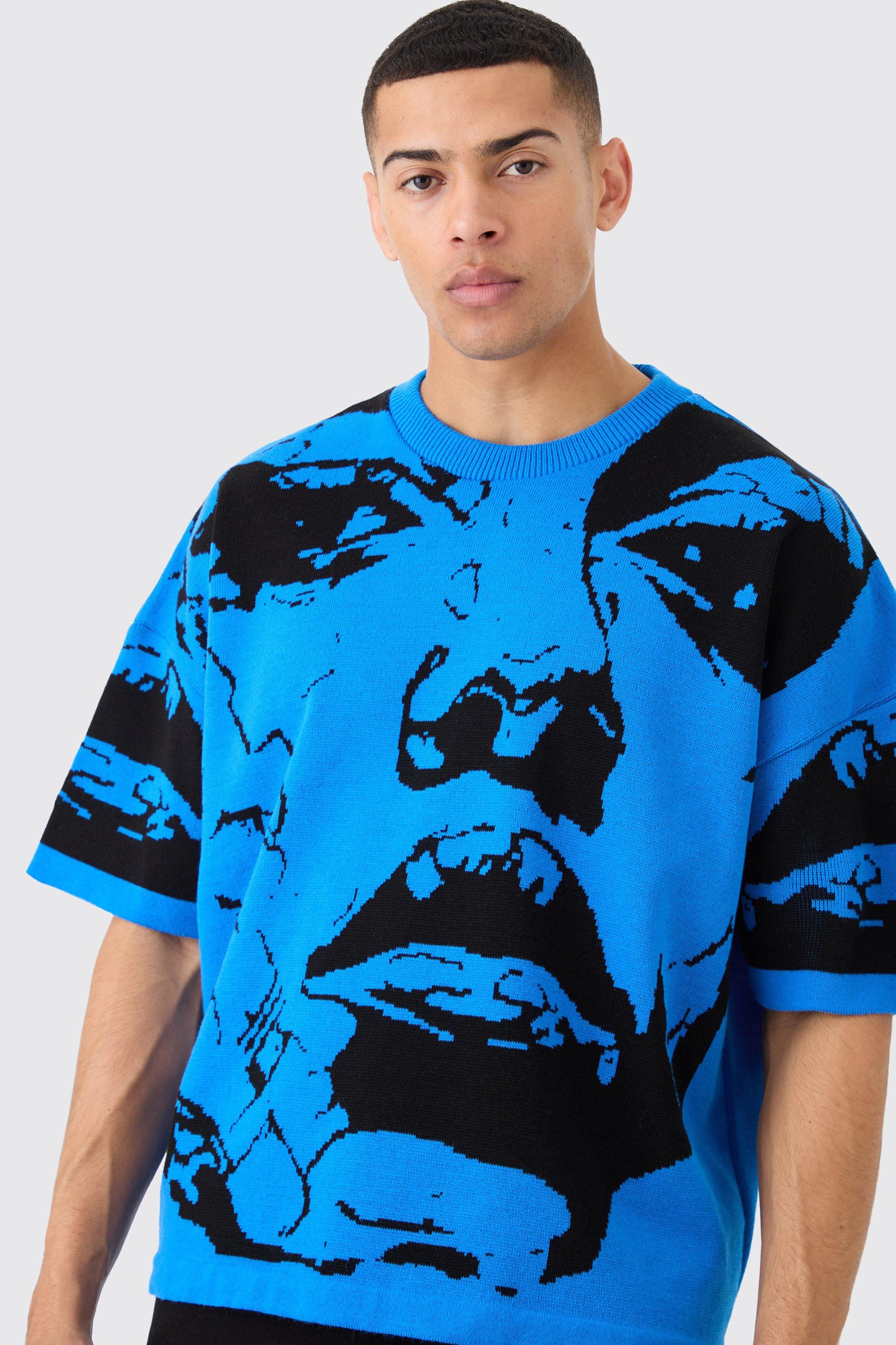 Image of T-shirt oversize in maglia con disegno a linee, Azzurro