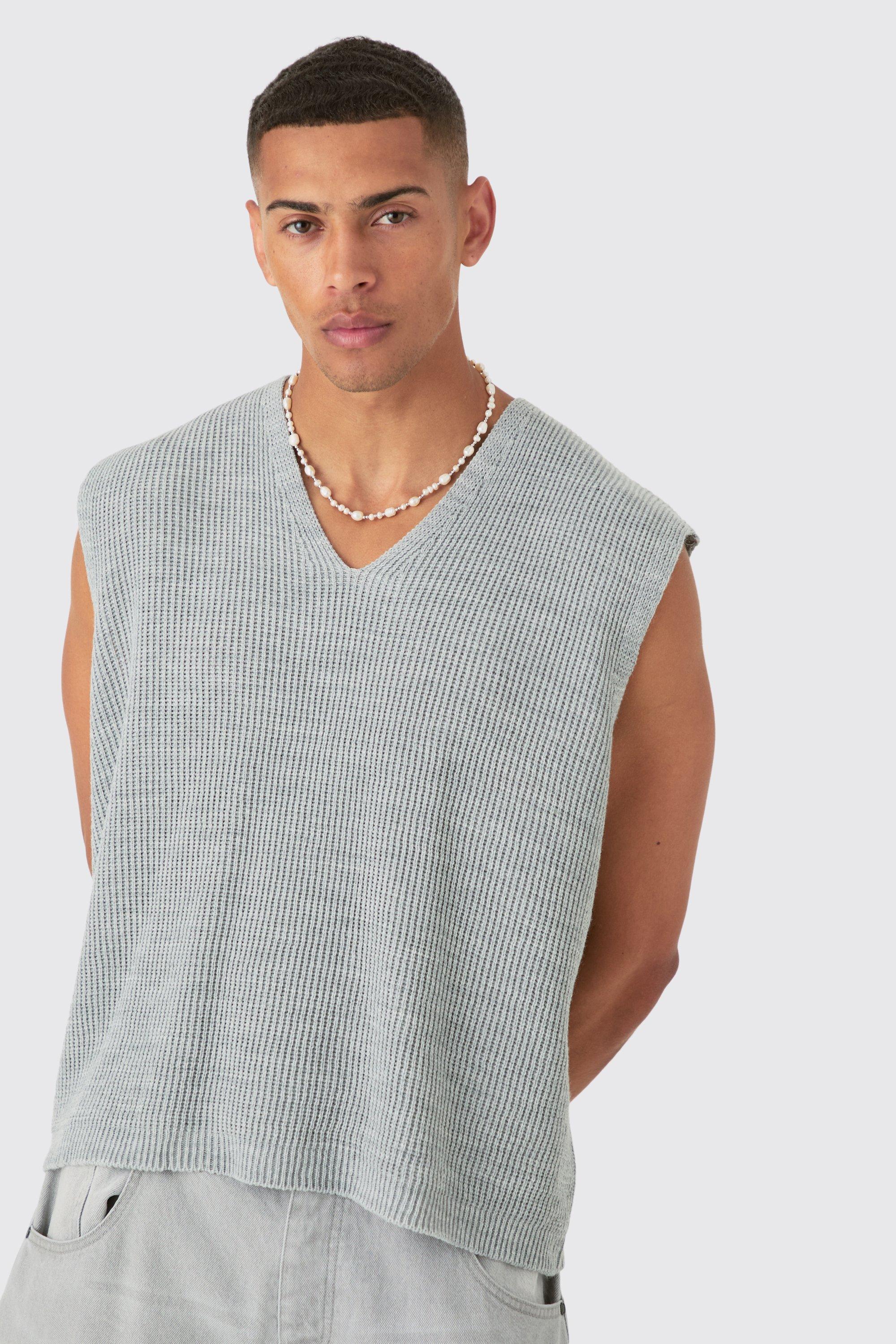 Mens Grey Boxy Ribbed V Neck jumper Vest, Grey