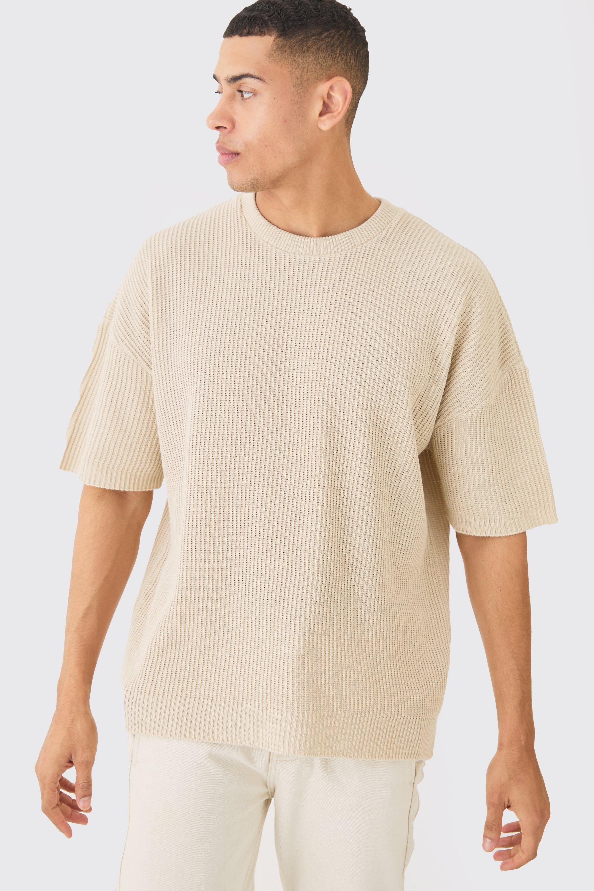 Image of Oversized Ribbed Knit T-shirt, Beige
