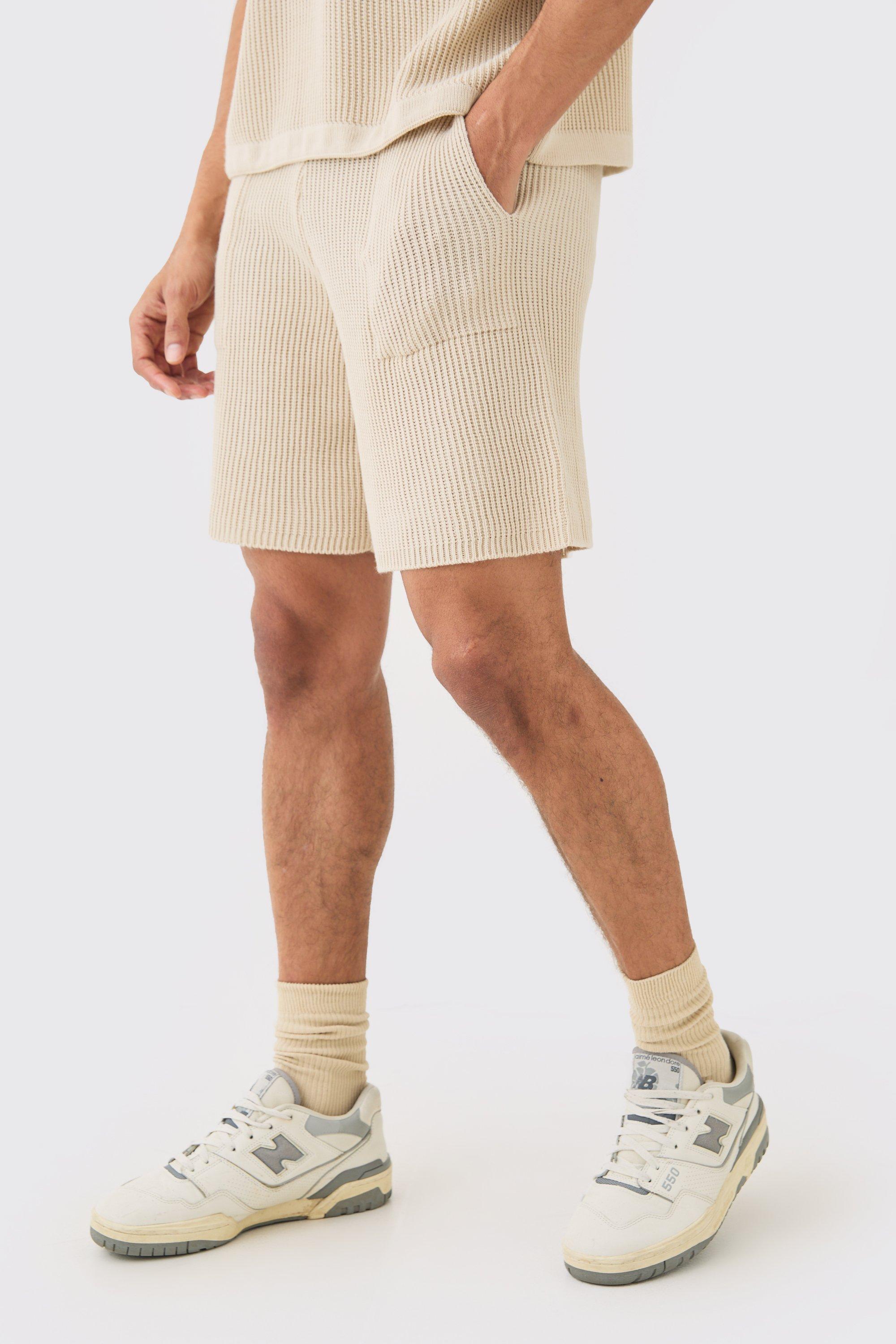 Image of Relaxed Mid Length Ribbed Knit Short, Beige