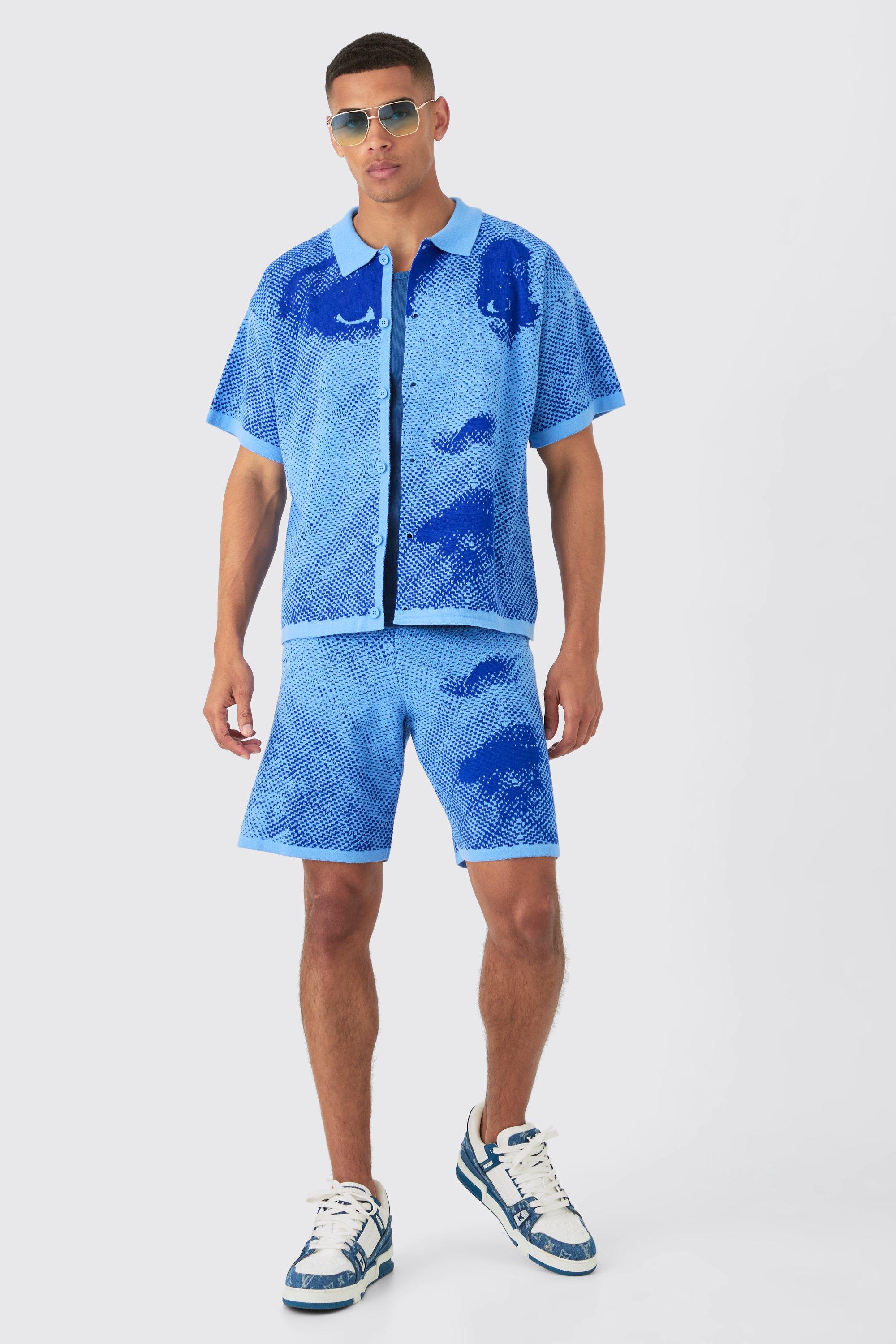 Image of Boxy Line Drawing Knitted Shirt And Short Set, Azzurro