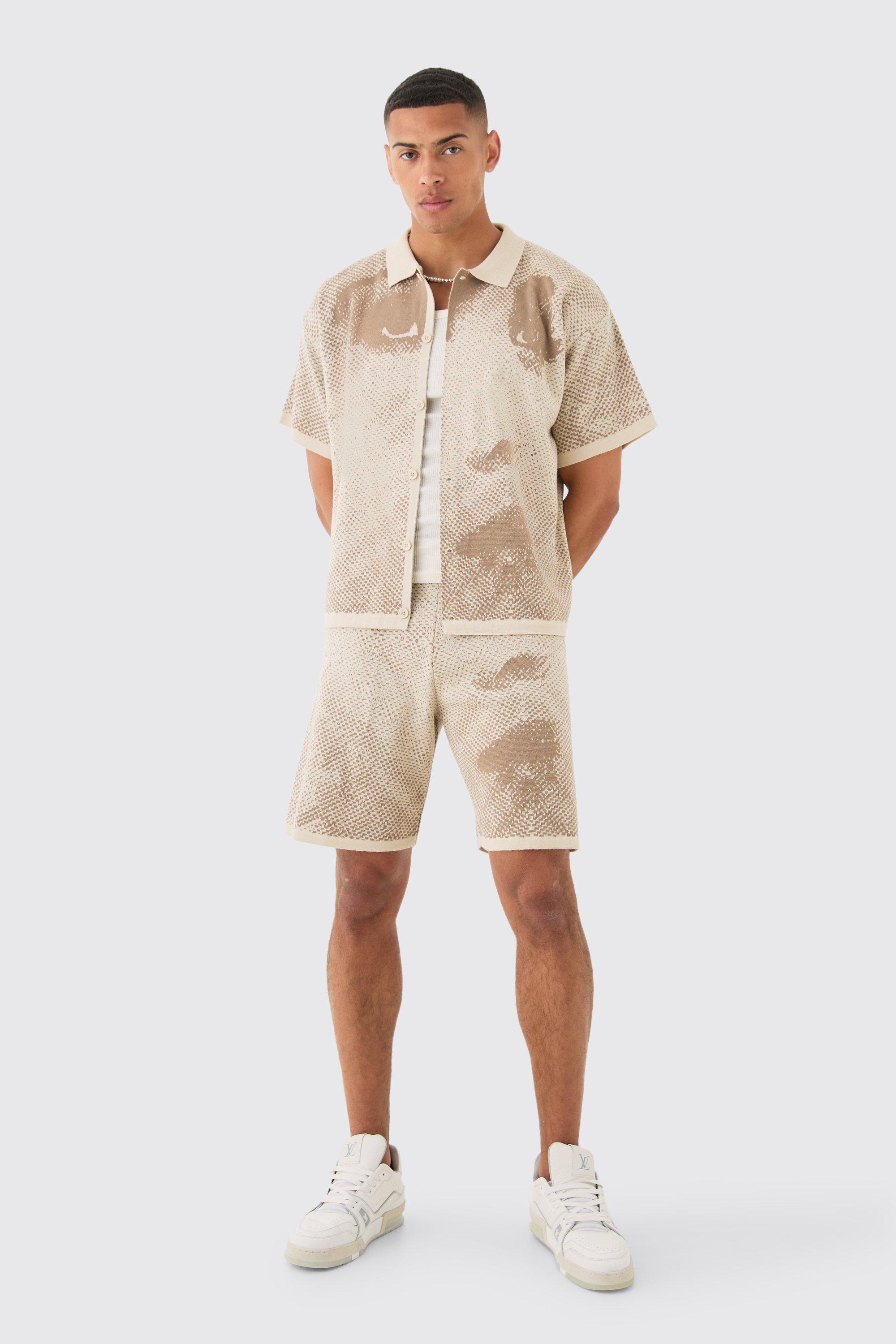 Mens Beige Boxy Face Jacquard Knitted Shirt And Short Set, Beige