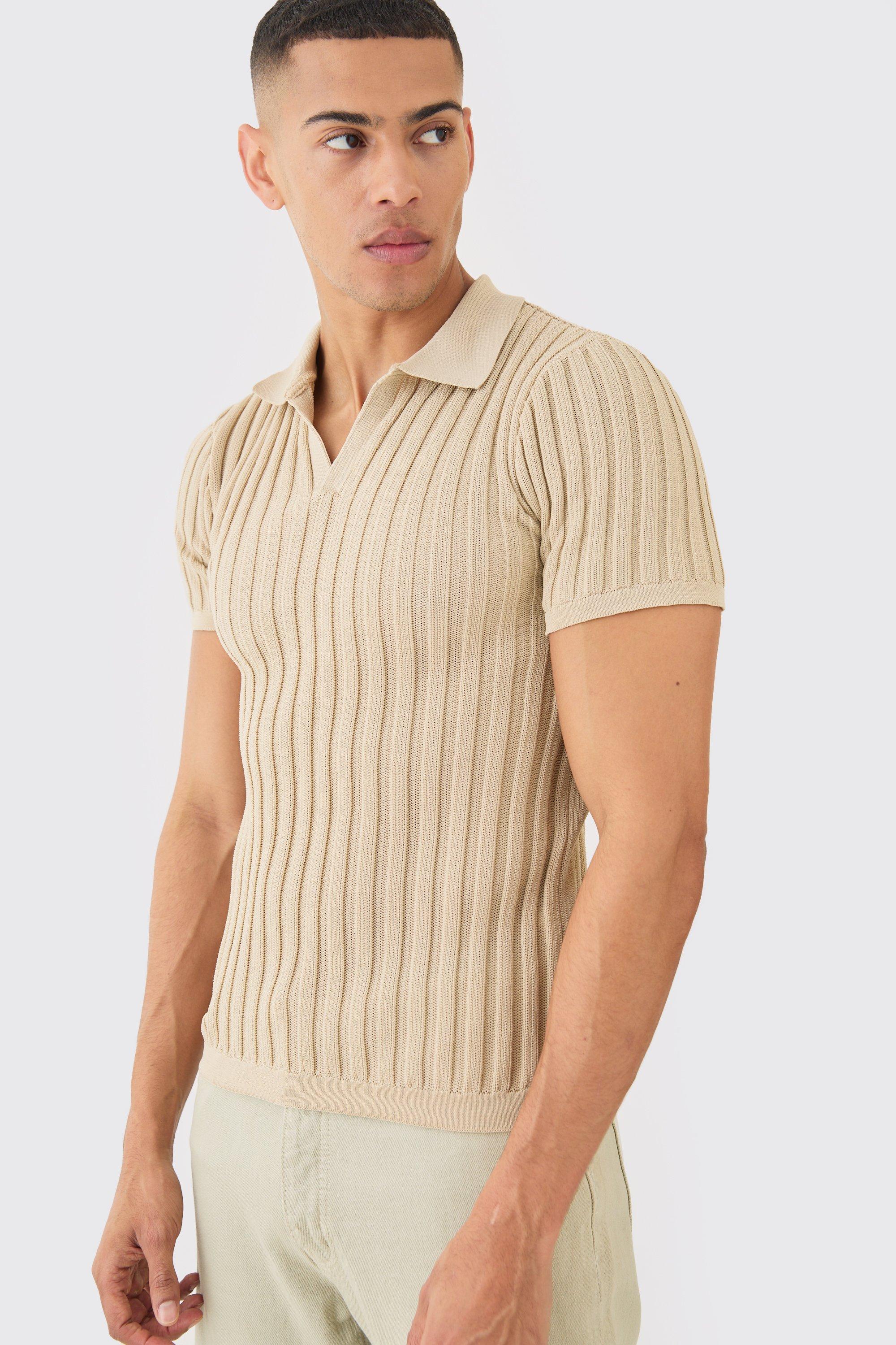 Mens Beige Muscle Fit Revere Ribbed Knit Polo, Beige