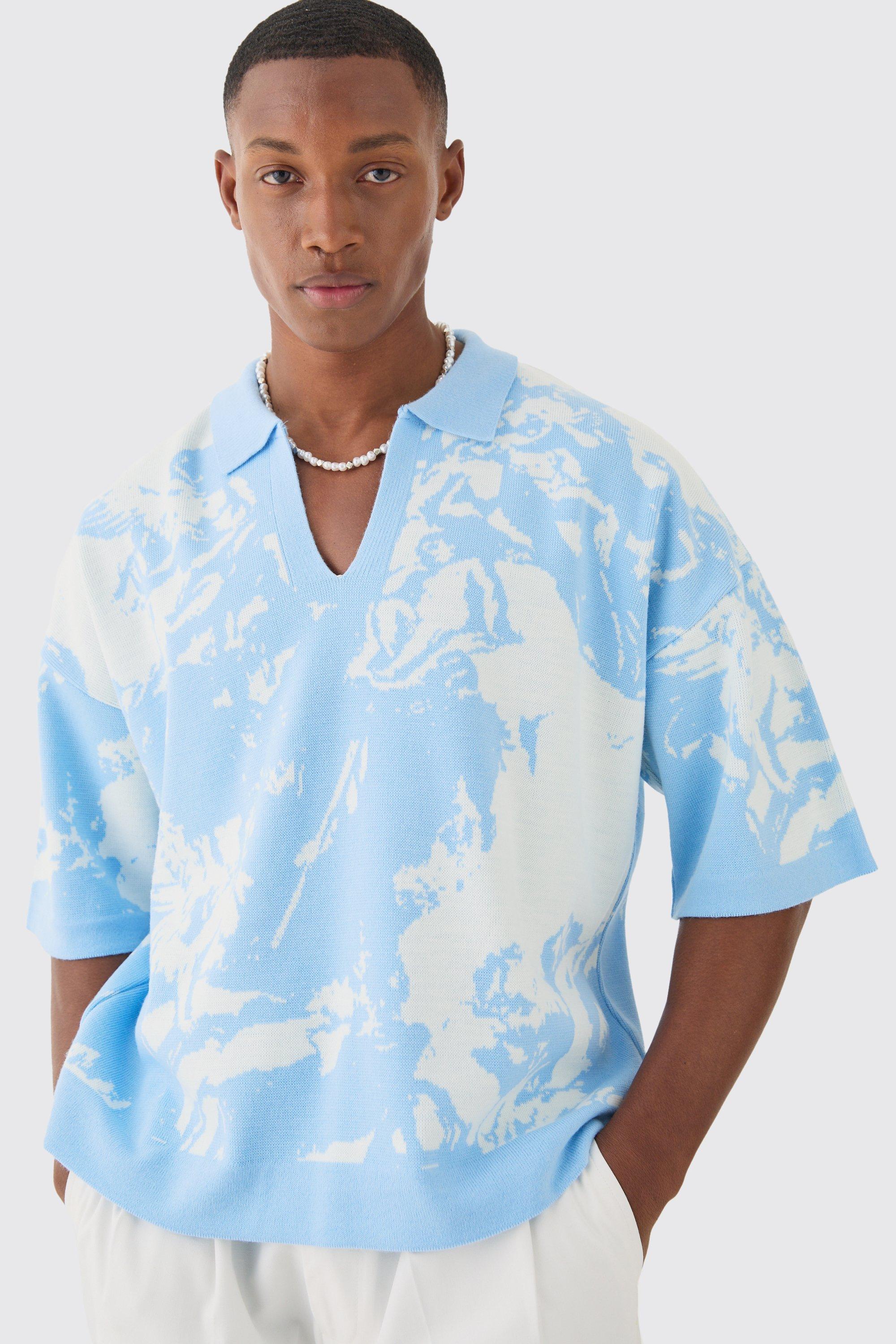 Mens Blue Boxy Oversized Renaissance Graphic Knit Polo, Blue