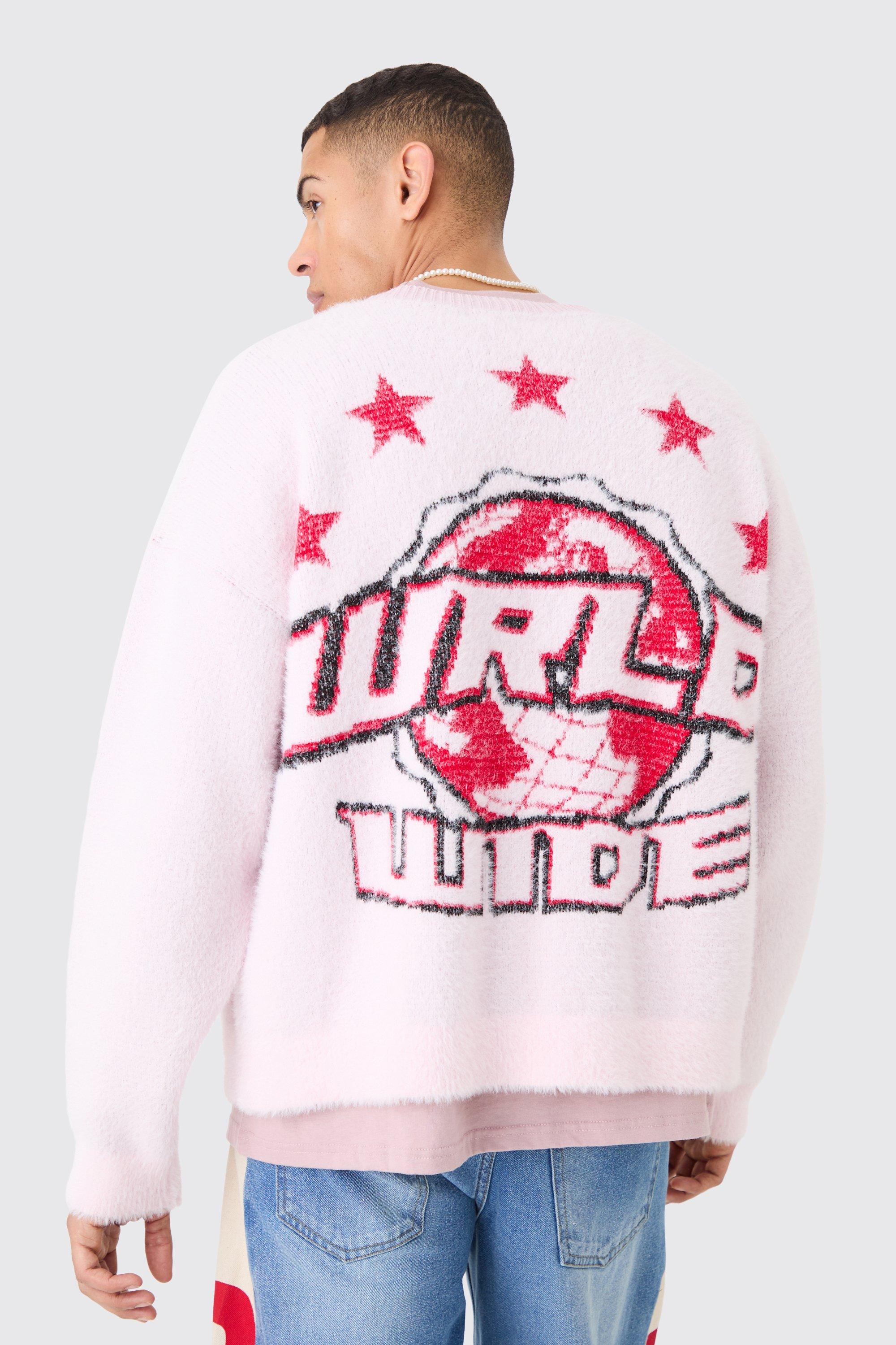 Image of Oversized Boxy Brushed Varsity Knit Cardigan, Pink