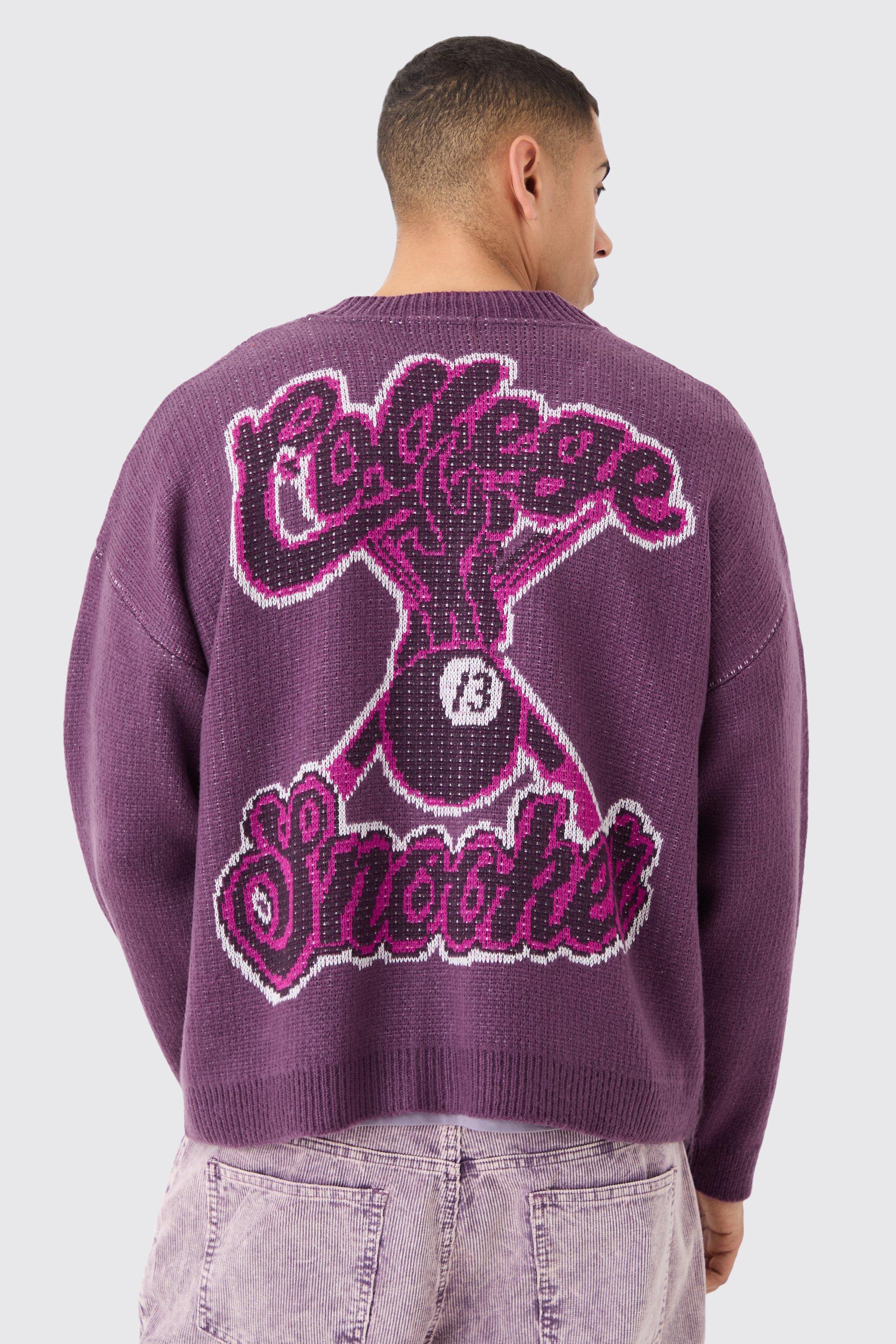 Image of Cardigan squadrato oversize in maglia spazzolata stile Varsity, Purple