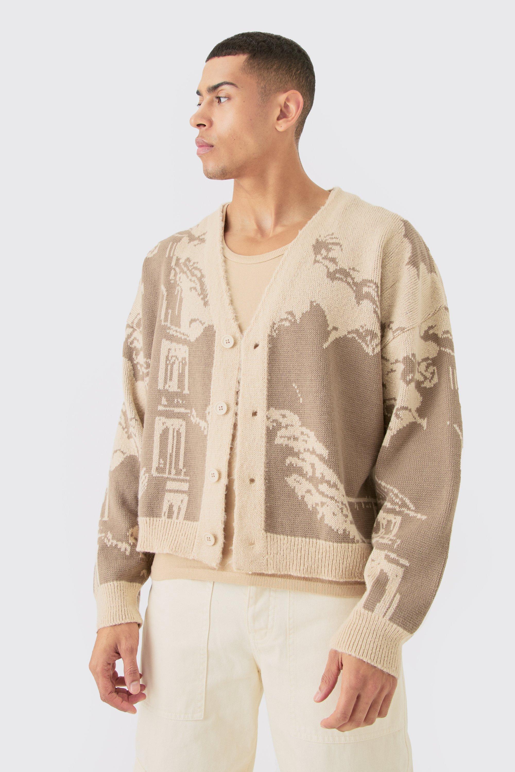 Mens Beige Boxy Oversized Brushed Tonal Scenic Cardigan, Beige